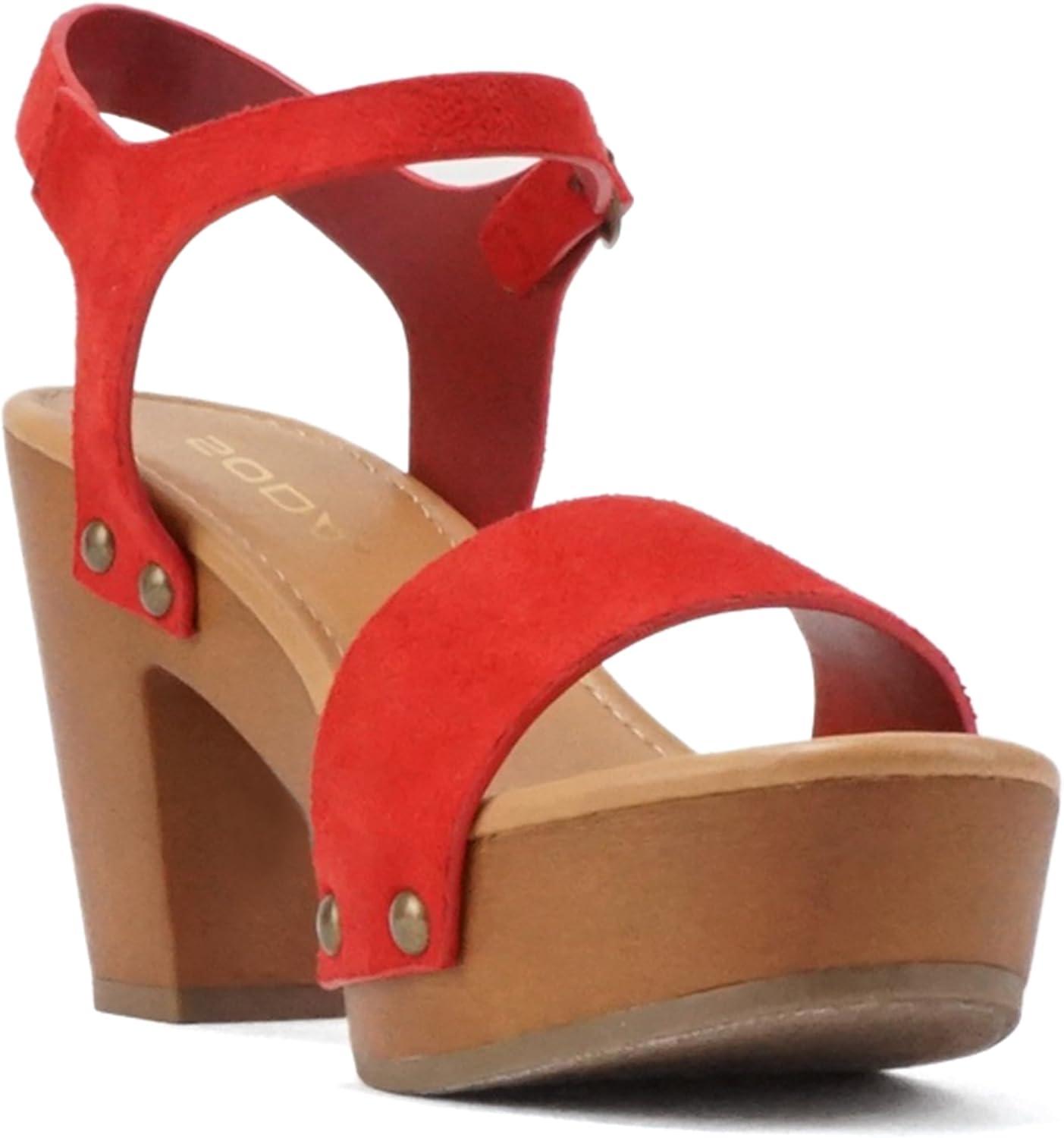 imageSoda CHIVAS  Womens Bold Buckles Studded Wedge SandalFire Red Suede
