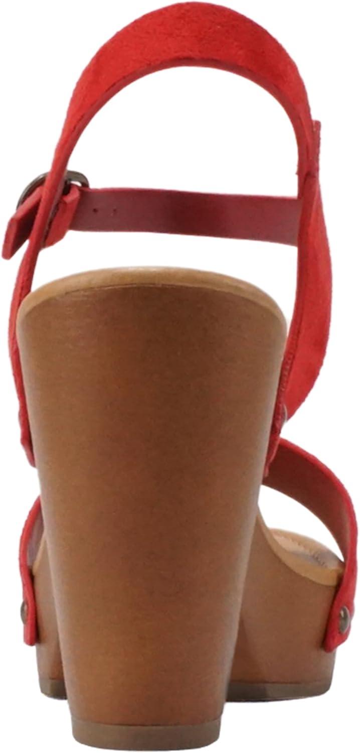 imageSoda CHIVAS  Womens Bold Buckles Studded Wedge SandalFire Red Suede