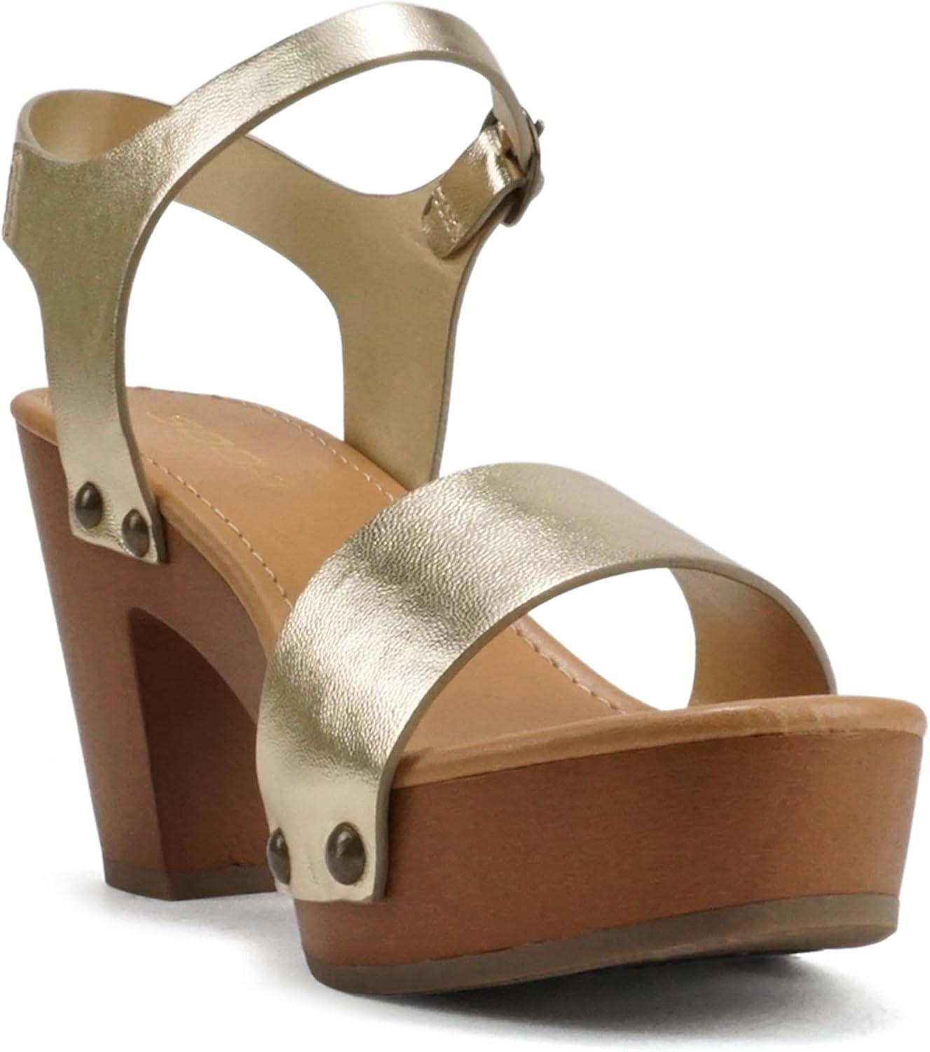 imageSoda CHIVAS  Womens Bold Buckles Studded Wedge SandalGold Pu