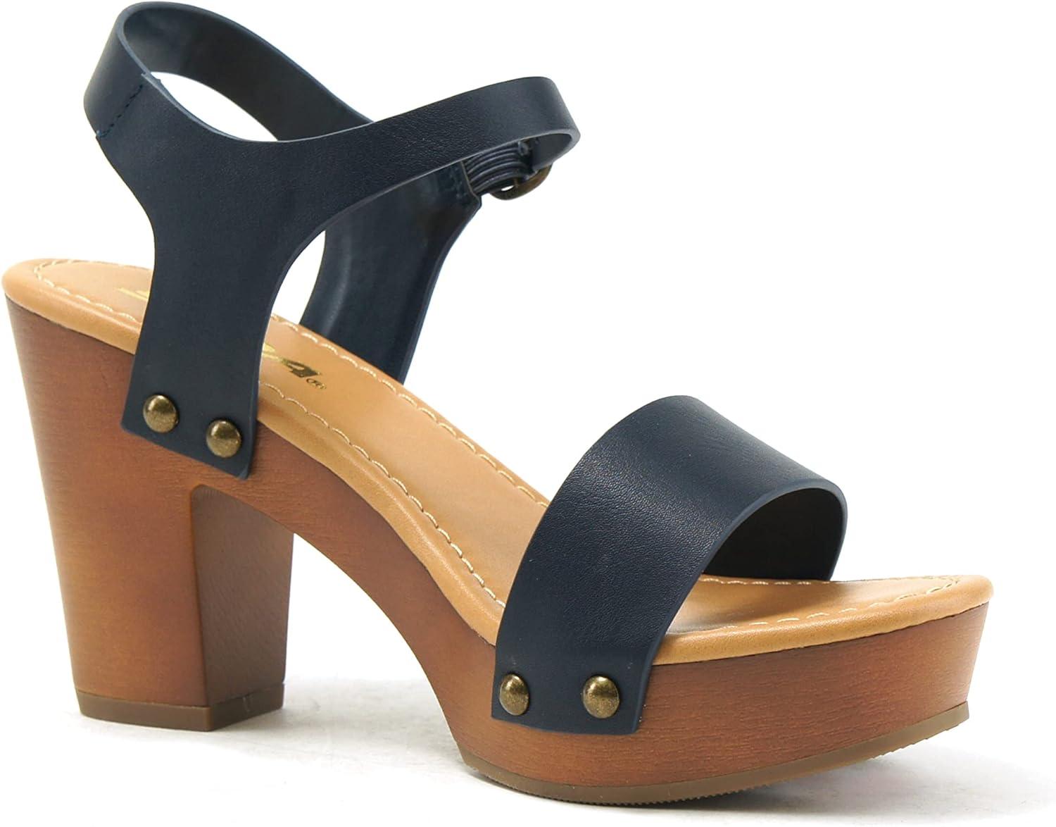 imageSoda CHIVAS  Womens Bold Buckles Studded Wedge SandalNavy Pu