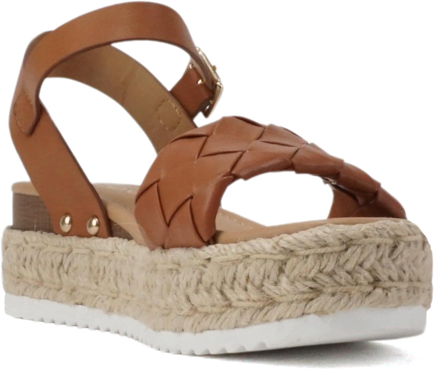 imageSoda CLIP  Women Open Toe Ankle Strap Platform Espadrille SandalBraided Cognac
