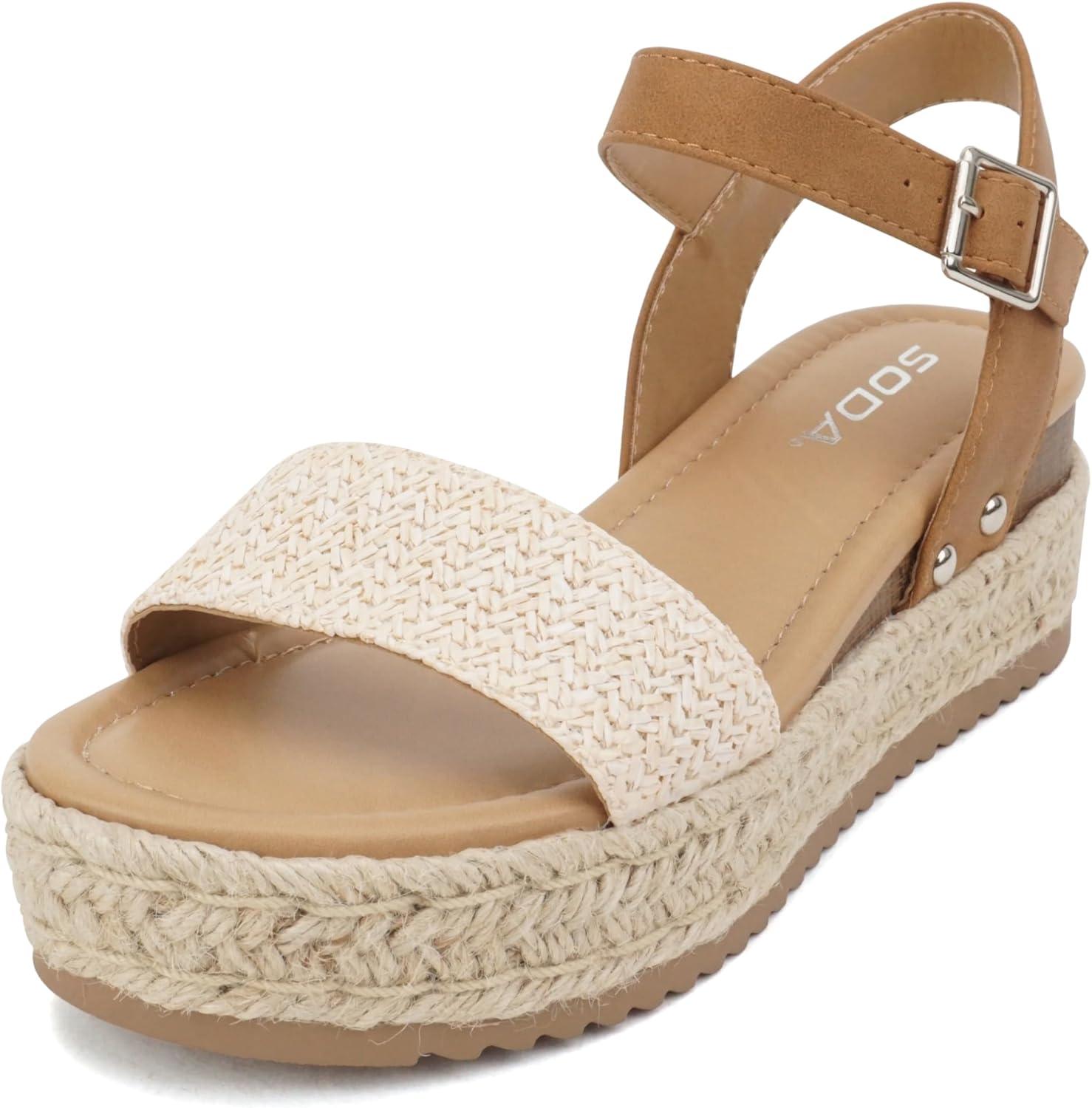 imageSoda CLIP  Women Open Toe Ankle Strap Platform Espadrille SandalNude RaffiaTan