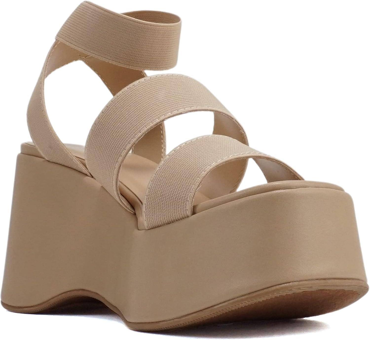imageSoda CONEY  Women Open Square Toe Platform Flatform Double Elastic Band Ankle Strap Wedge SandalCamel Elastic