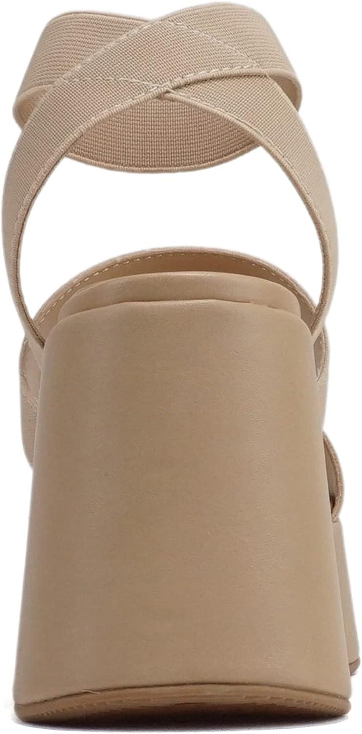 imageSoda CONEY  Women Open Square Toe Platform Flatform Double Elastic Band Ankle Strap Wedge SandalCamel Elastic