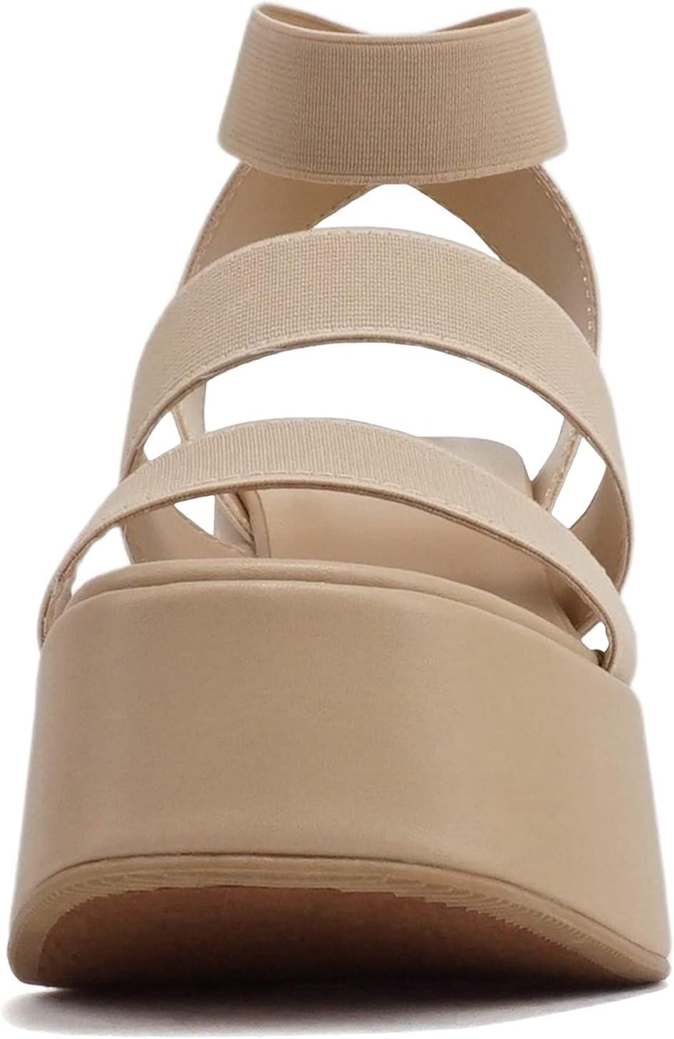 imageSoda CONEY  Women Open Square Toe Platform Flatform Double Elastic Band Ankle Strap Wedge SandalCamel Elastic