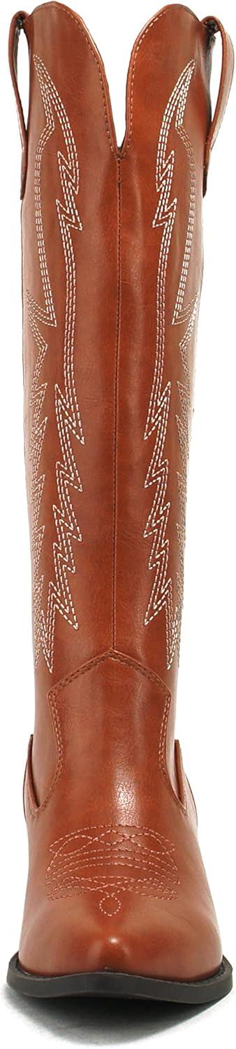 imageSoda COWBOY  Women Western Stitched Pointe Toe Mid Heel Tall Shaft Fashion BootsCognac Pu
