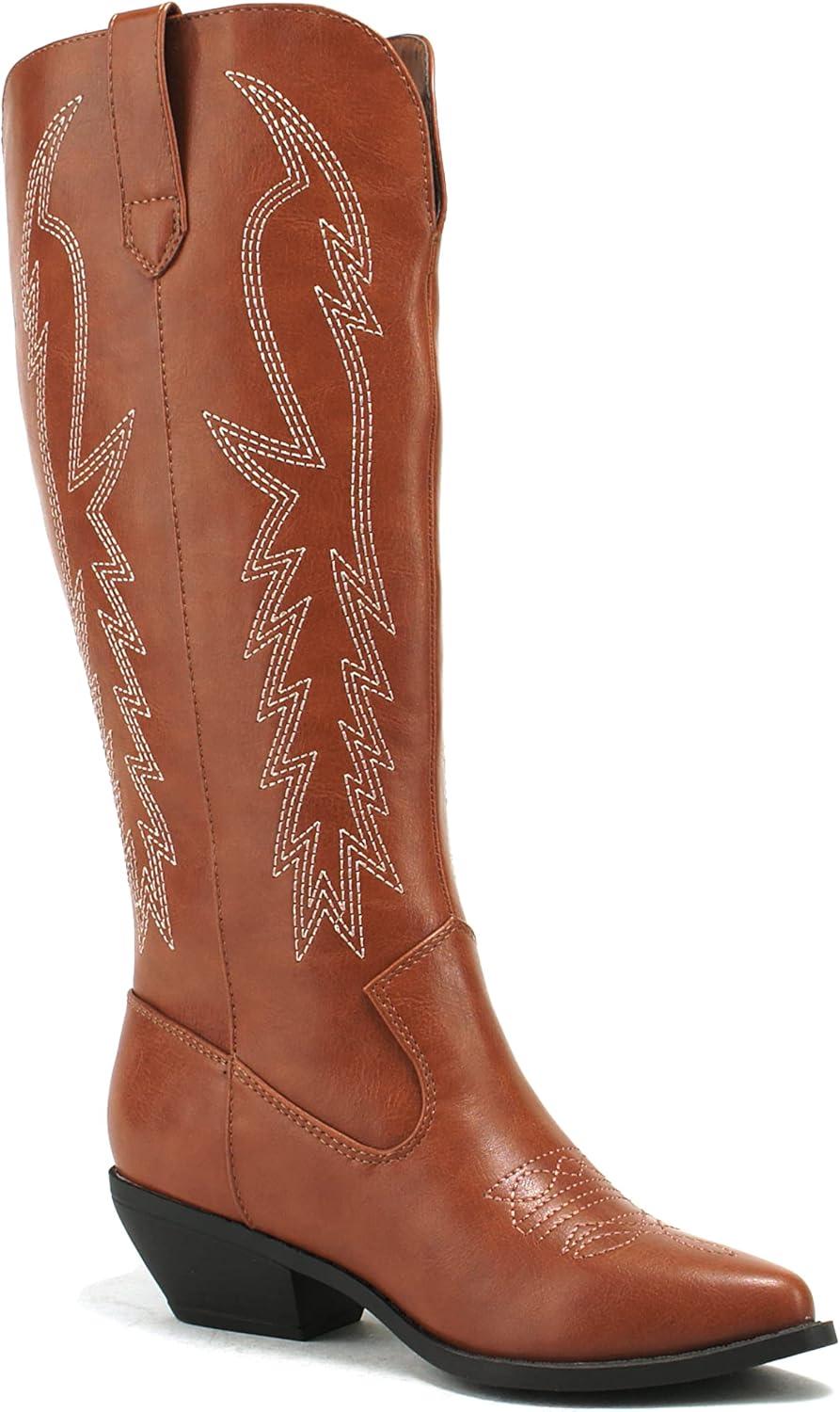 imageSoda COWBOY  Women Western Stitched Pointe Toe Mid Heel Tall Shaft Fashion BootsCognac Pu