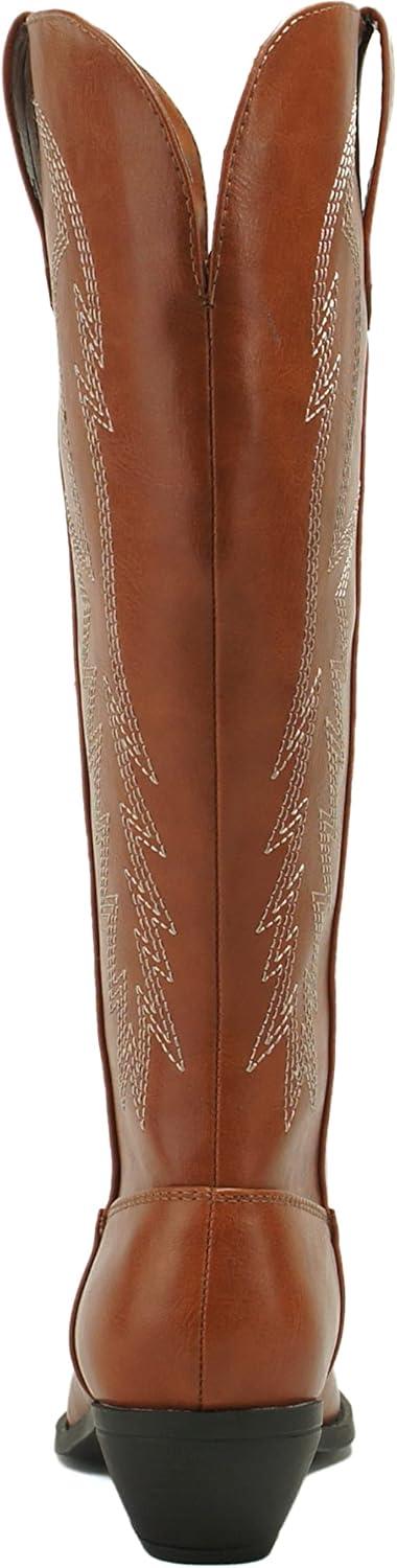 imageSoda COWBOY  Women Western Stitched Pointe Toe Mid Heel Tall Shaft Fashion BootsCognac Pu