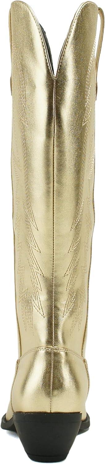 imageSoda COWBOY  Women Western Stitched Pointe Toe Mid Heel Tall Shaft Fashion BootsGold Pu