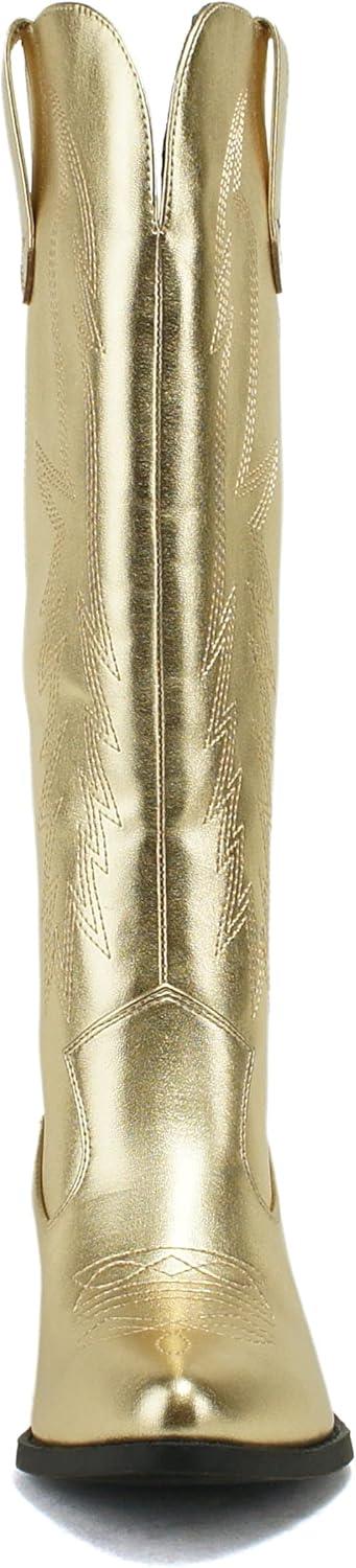 imageSoda COWBOY  Women Western Stitched Pointe Toe Mid Heel Tall Shaft Fashion BootsGold Pu