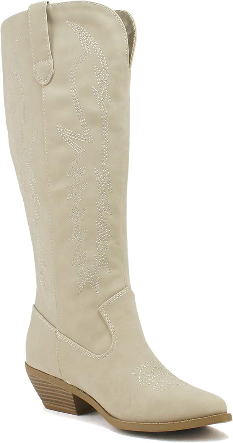 imageSoda COWBOY  Women Western Stitched Pointe Toe Mid Heel Tall Shaft Fashion BootsSand Nubuck