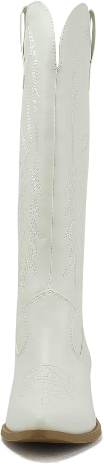imageSoda COWBOY  Women Western Stitched Pointe Toe Mid Heel Tall Shaft Fashion BootsWhite Pu