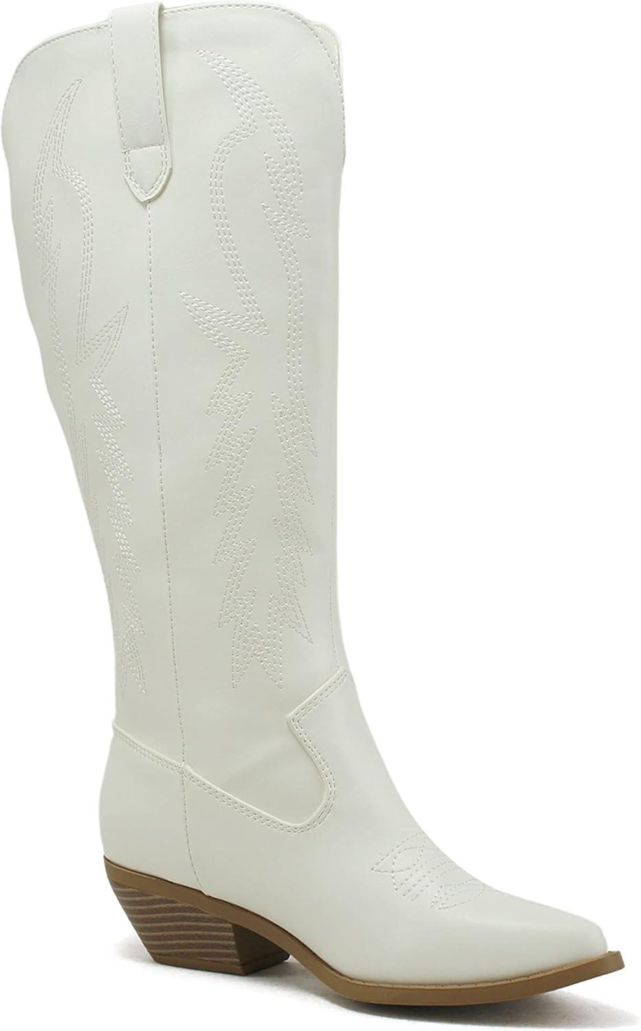 imageSoda COWBOY  Women Western Stitched Pointe Toe Mid Heel Tall Shaft Fashion BootsWhite Pu