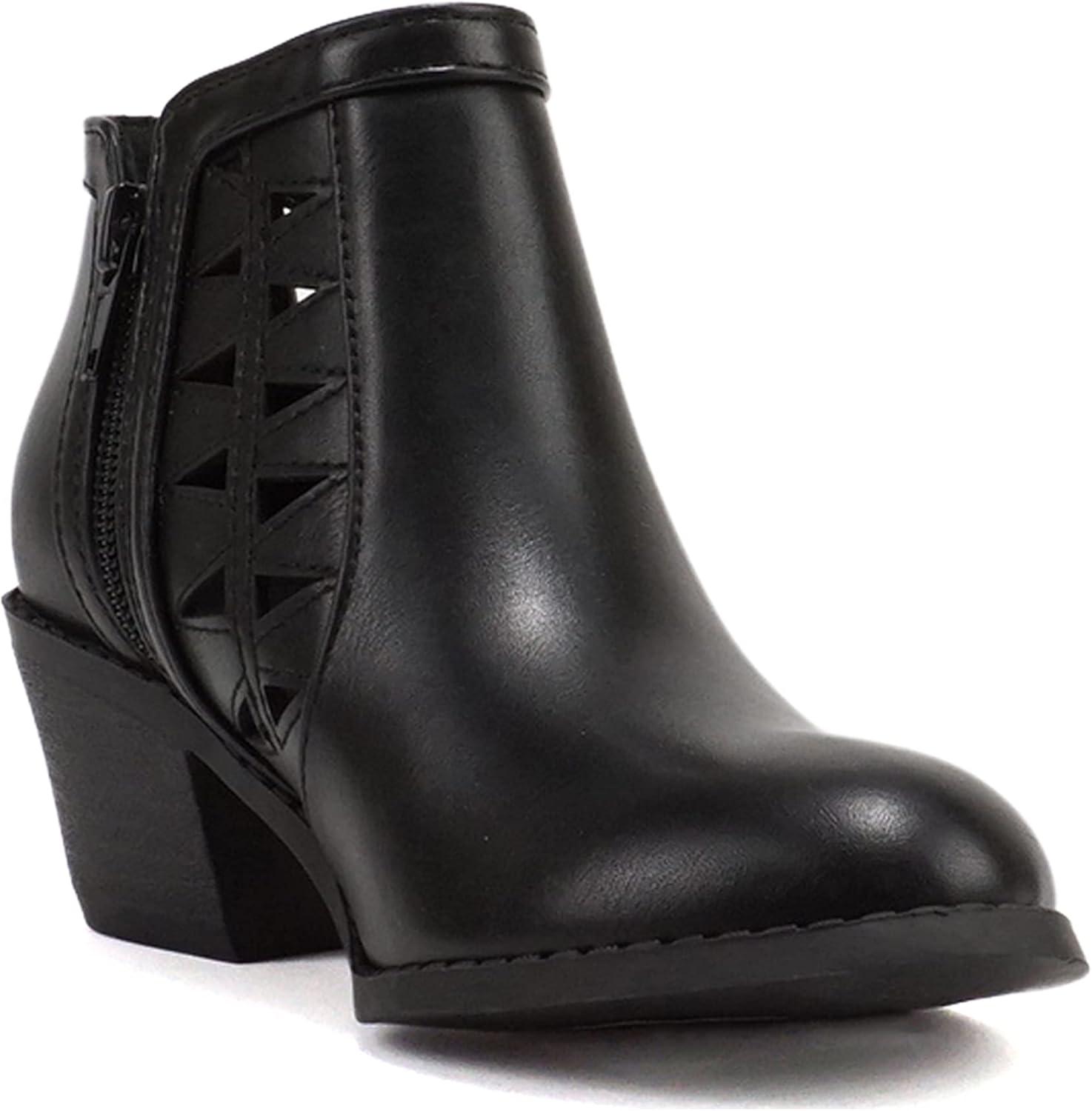 imageSoda Chance2 KidsChildrenGirls Perforated Cut Out Stacked Block Heel Ankle BootiesBlack Pu