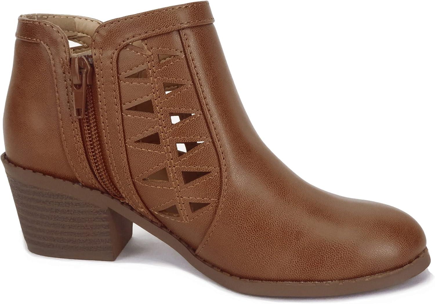imageSoda Chance2 KidsChildrenGirls Perforated Cut Out Stacked Block Heel Ankle BootiesTan