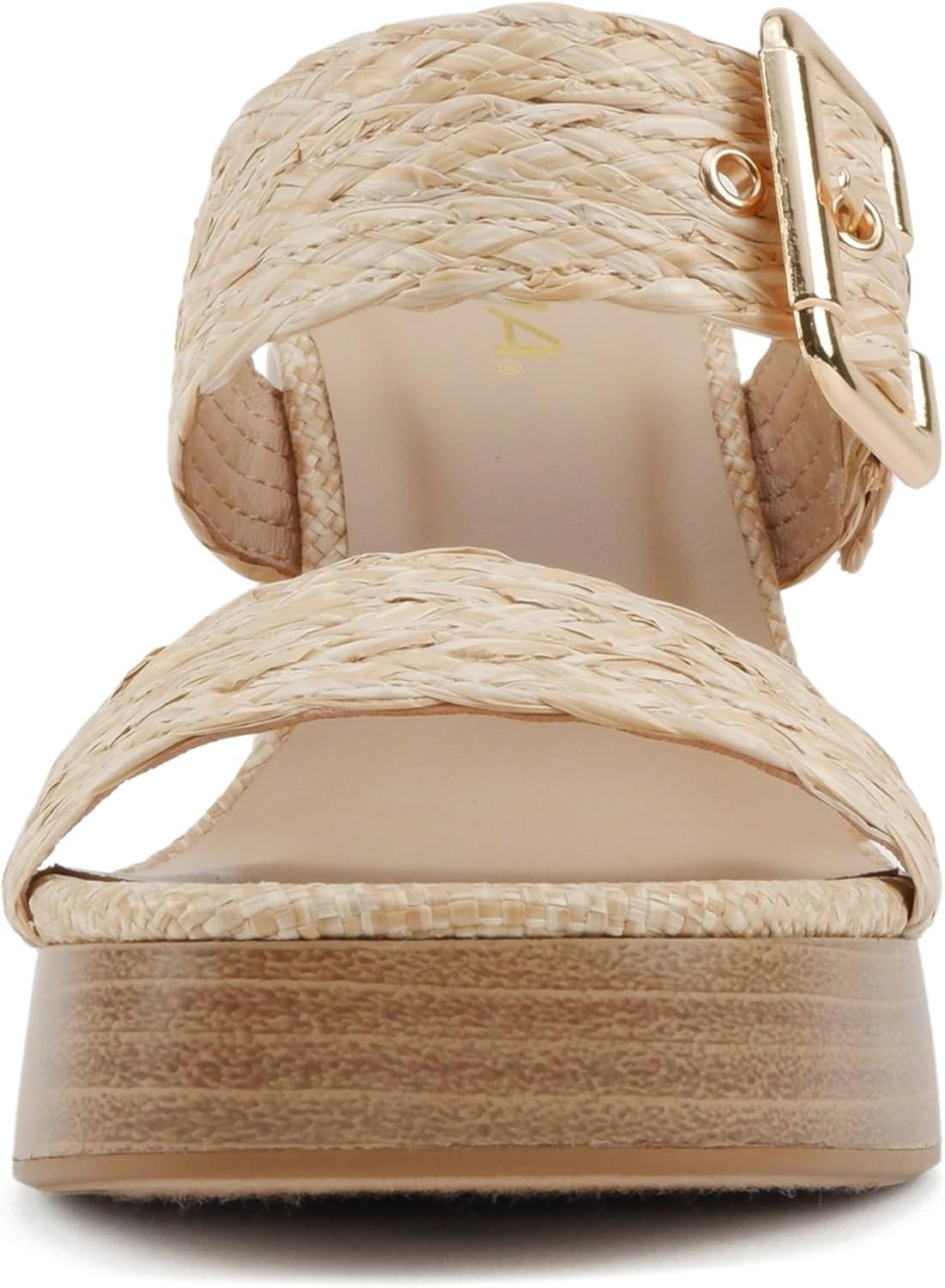 imageSoda Charlie  Women Open Square Toe Two Band SlipOn High Heel Sandal with Adjustable Buckle StrapBeige Raffia