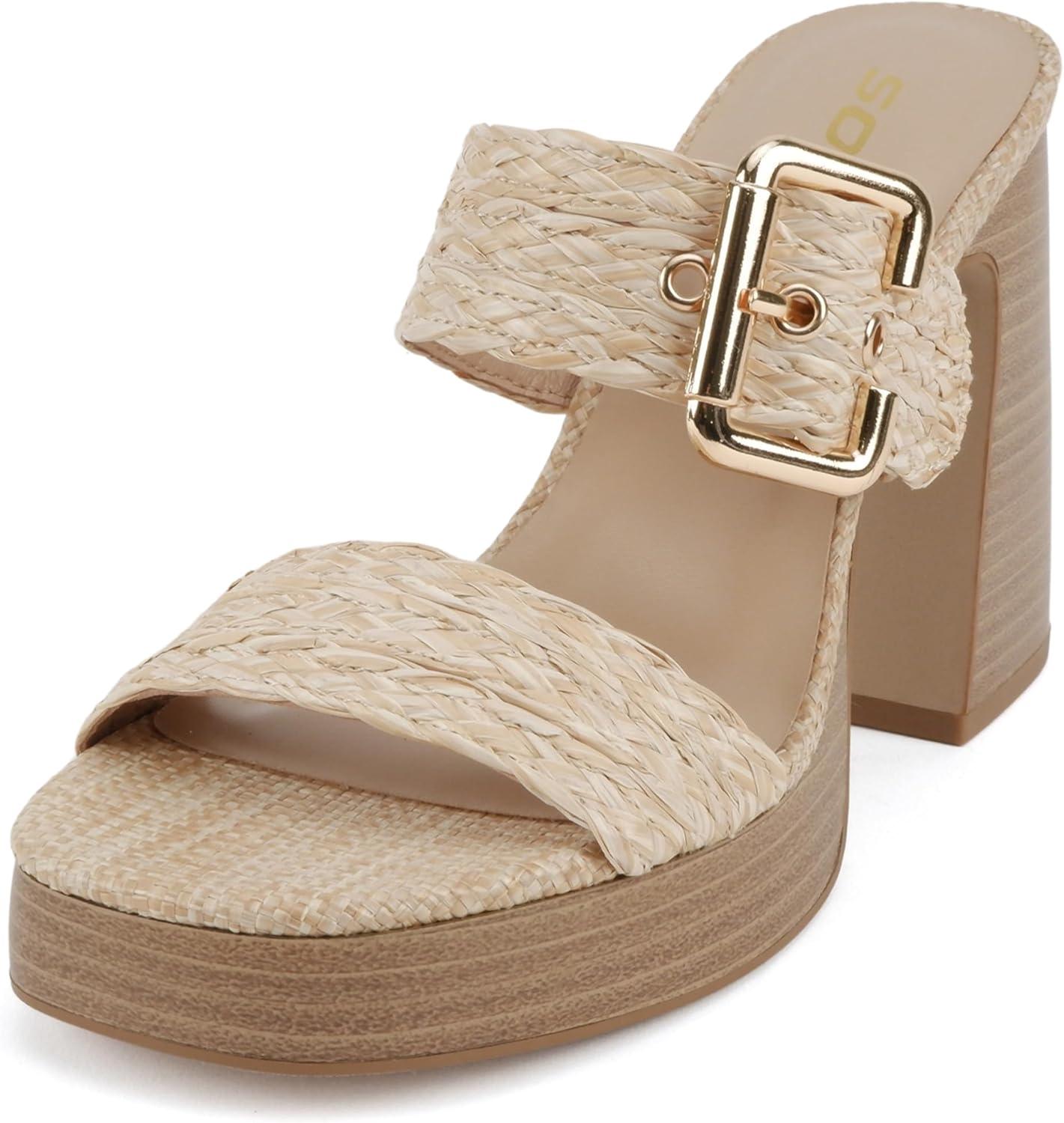imageSoda Charlie  Women Open Square Toe Two Band SlipOn High Heel Sandal with Adjustable Buckle StrapBeige Raffia