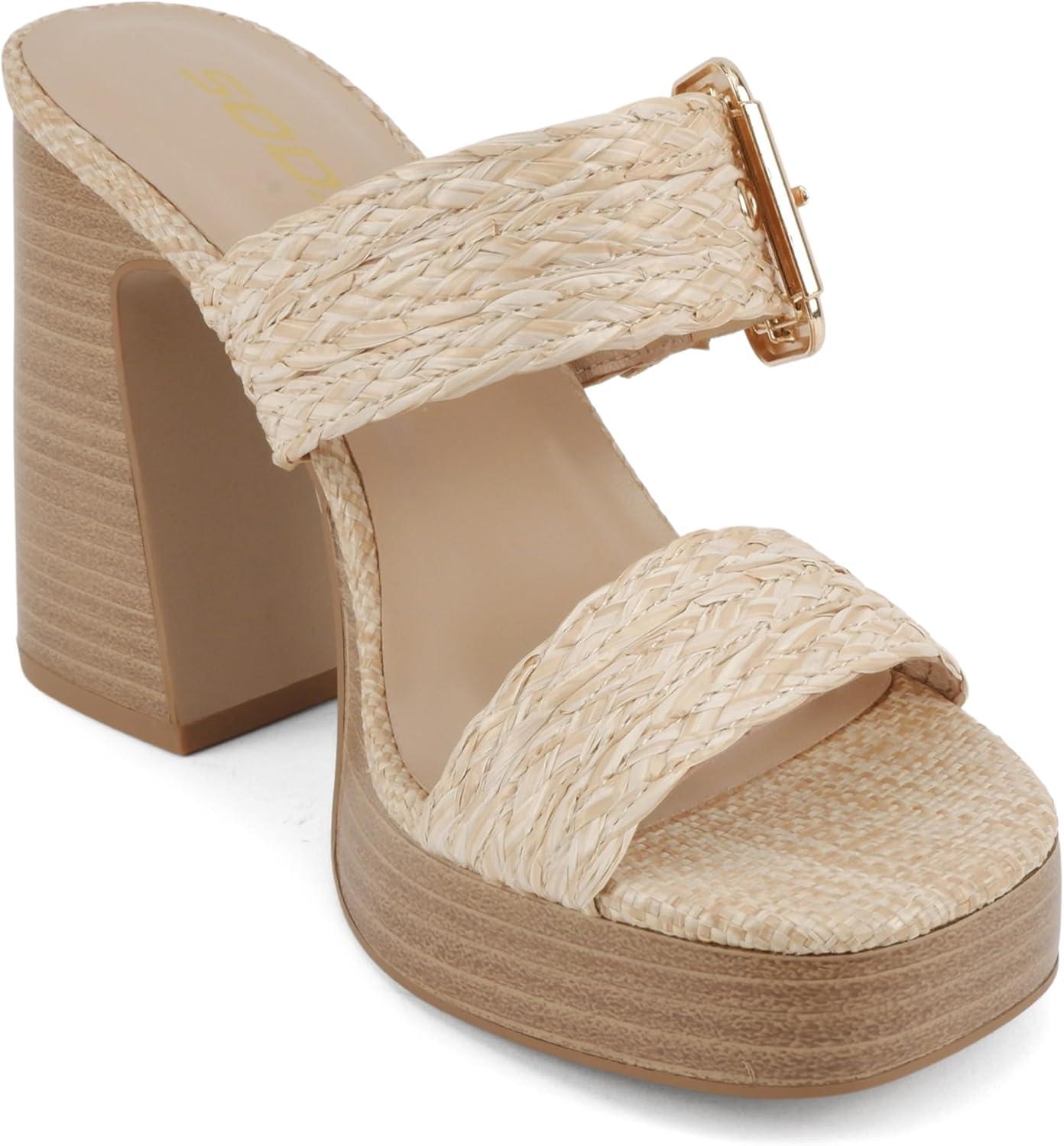 imageSoda Charlie  Women Open Square Toe Two Band SlipOn High Heel Sandal with Adjustable Buckle StrapBeige Raffia