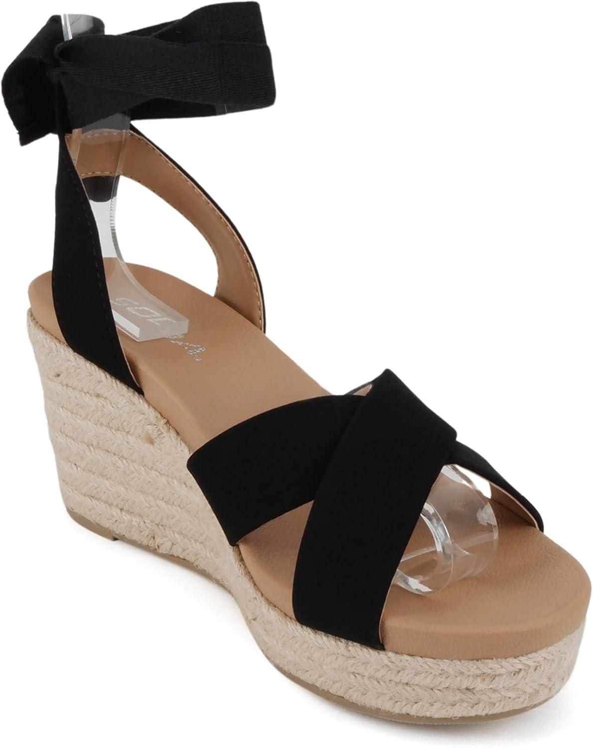 imageSoda Donnie  Women Open Round Toe Crisscross Band Low Heel Espadrille Wedge Sandal with Adjustable Ankle StrapBlack Nubuck