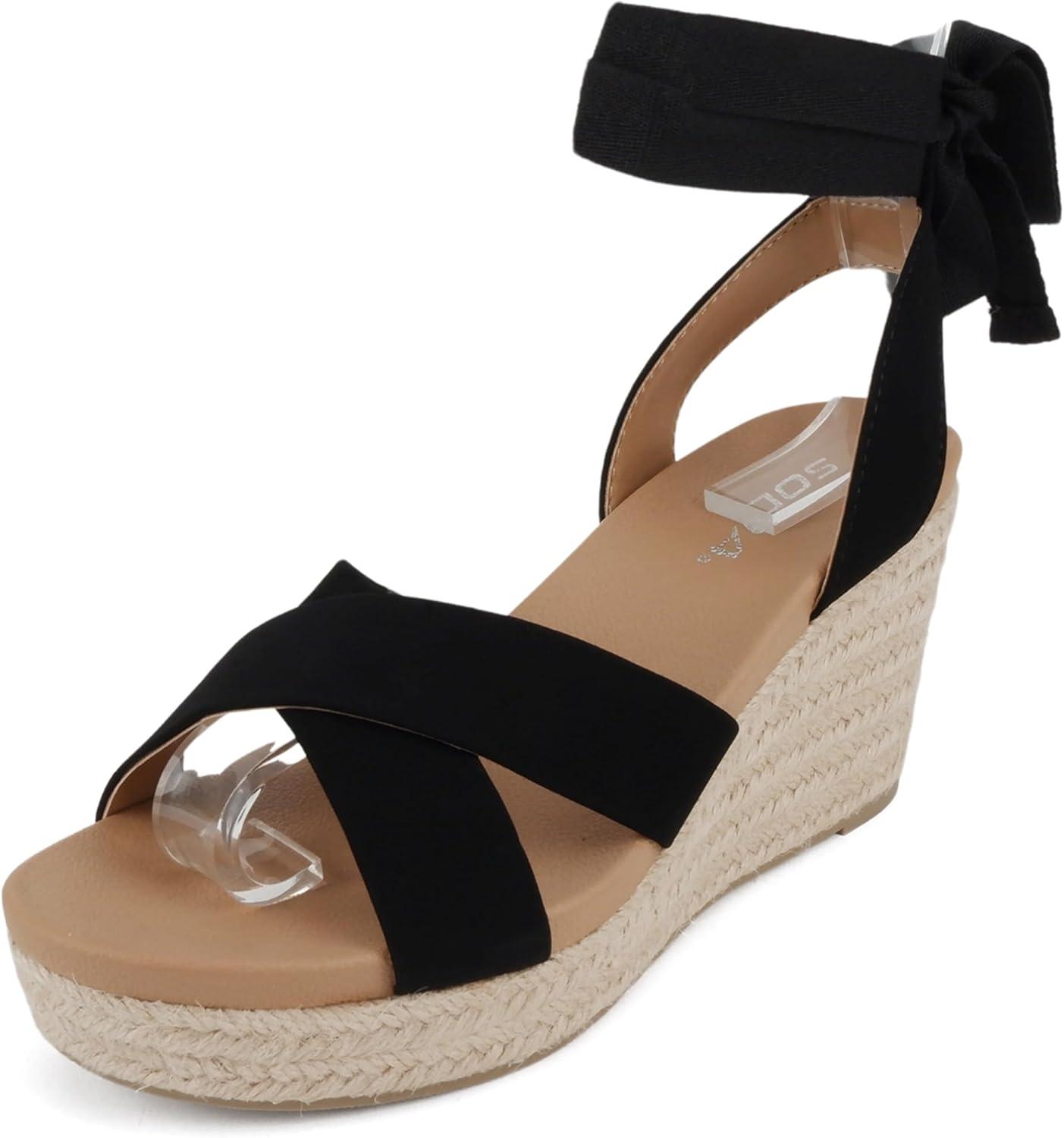 imageSoda Donnie  Women Open Round Toe Crisscross Band Low Heel Espadrille Wedge Sandal with Adjustable Ankle StrapBlack Nubuck