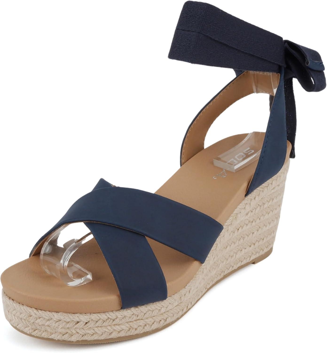 imageSoda Donnie  Women Open Round Toe Crisscross Band Low Heel Espadrille Wedge Sandal with Adjustable Ankle StrapNavy Nubuck
