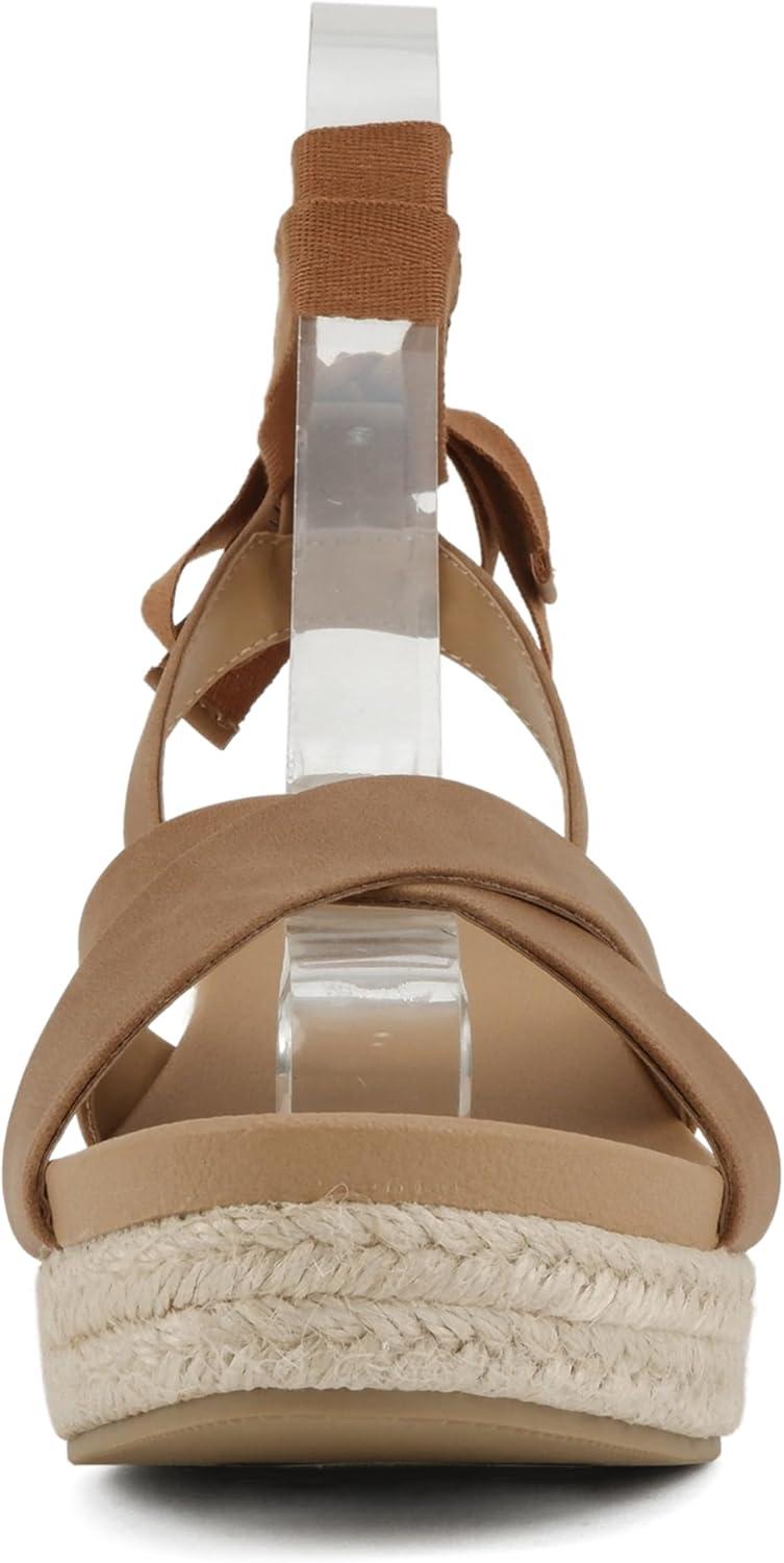 imageSoda Donnie  Women Open Round Toe Crisscross Band Low Heel Espadrille Wedge Sandal with Adjustable Ankle StrapTan Nubuck