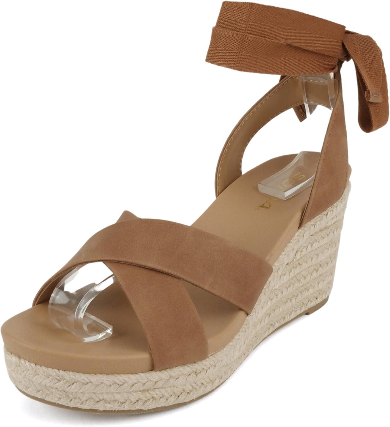 imageSoda Donnie  Women Open Round Toe Crisscross Band Low Heel Espadrille Wedge Sandal with Adjustable Ankle StrapTan Nubuck