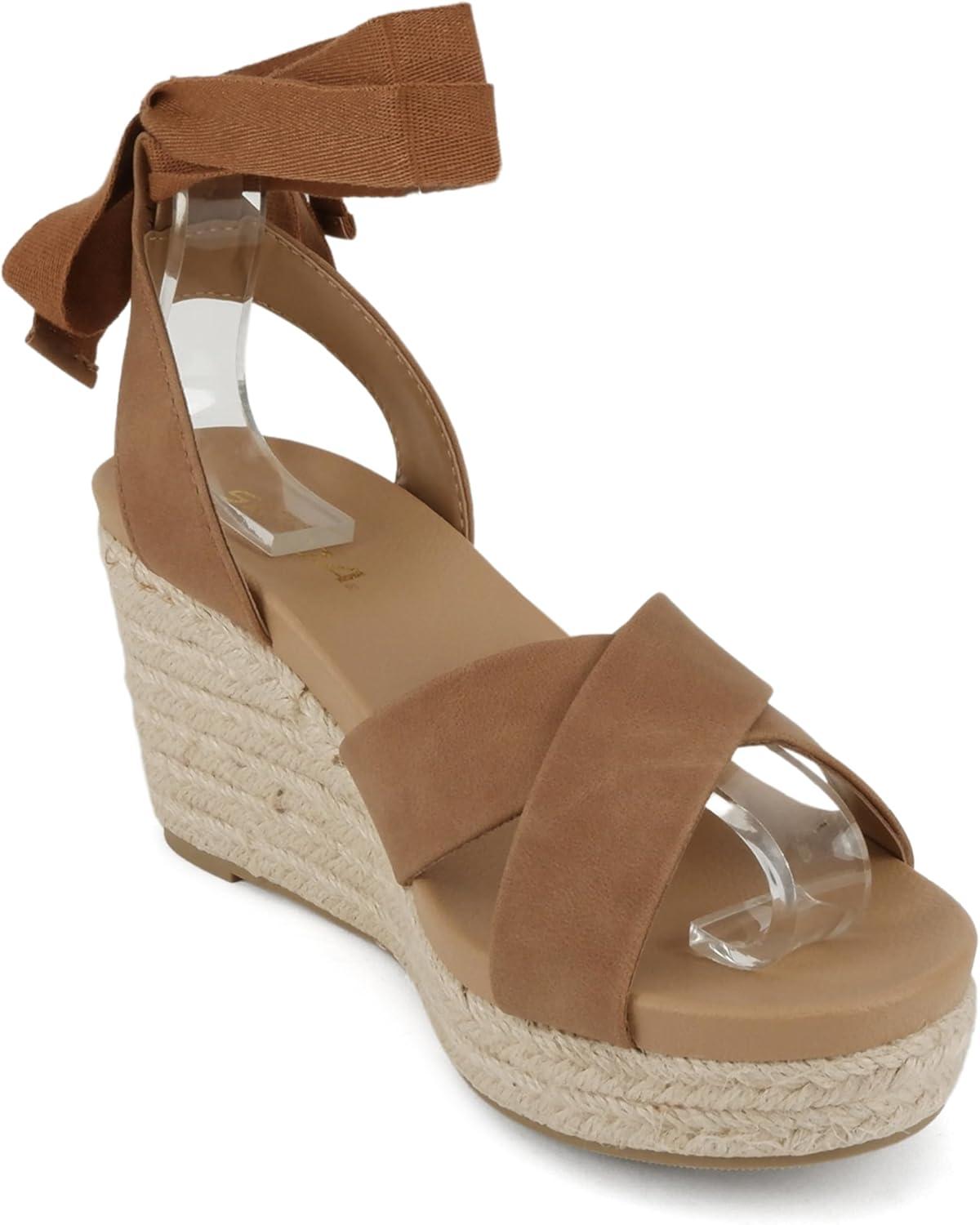 imageSoda Donnie  Women Open Round Toe Crisscross Band Low Heel Espadrille Wedge Sandal with Adjustable Ankle StrapTan Nubuck