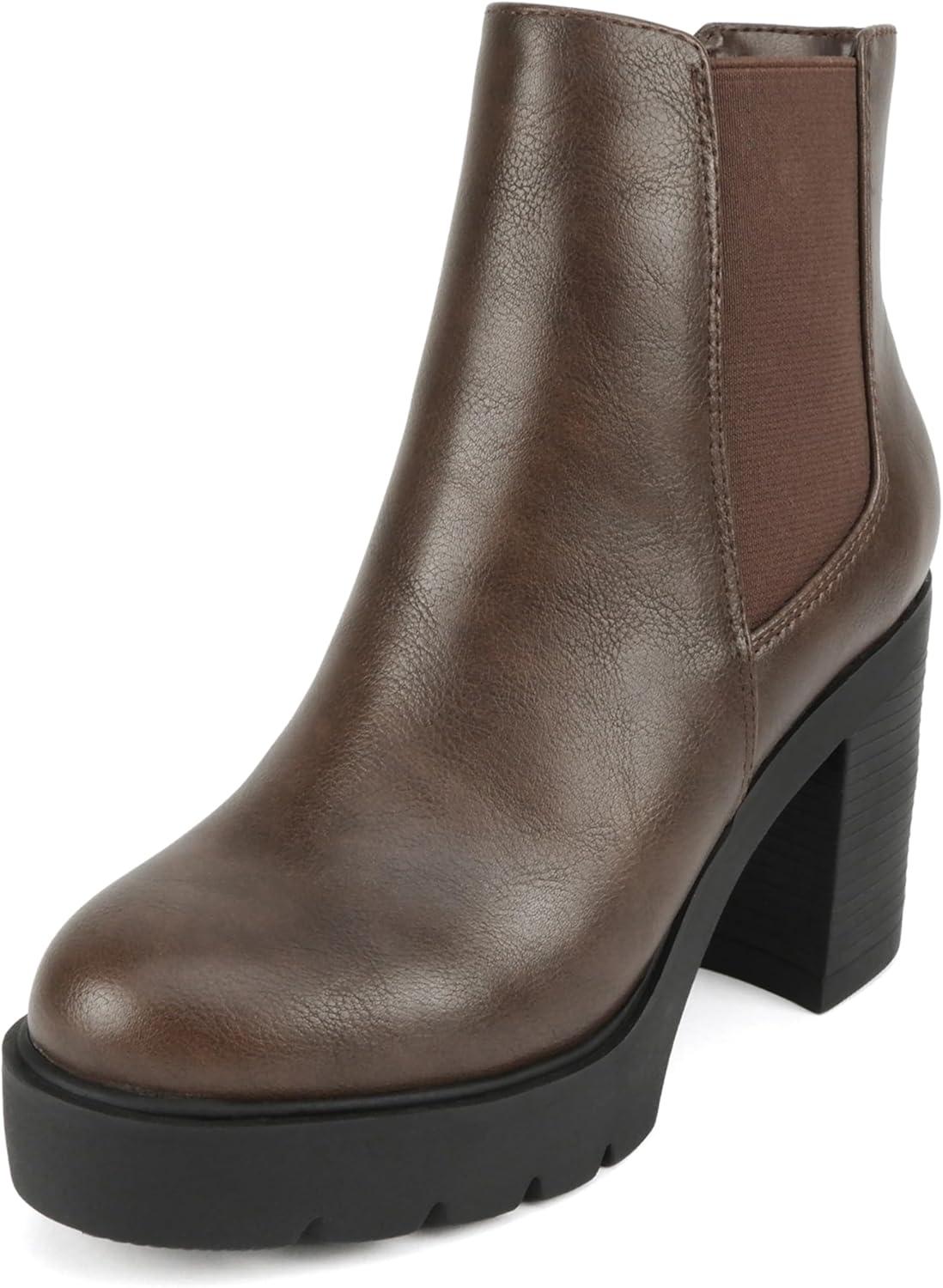 imageSoda EDITOR  Women Lug Sole High Heel Chelsea Fashion Ankle Boot wDouble Elastic GoreBrown Pu