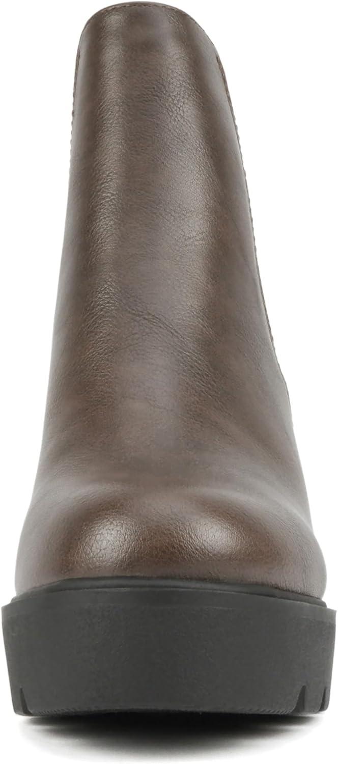 imageSoda EDITOR  Women Lug Sole High Heel Chelsea Fashion Ankle Boot wDouble Elastic GoreBrown Pu