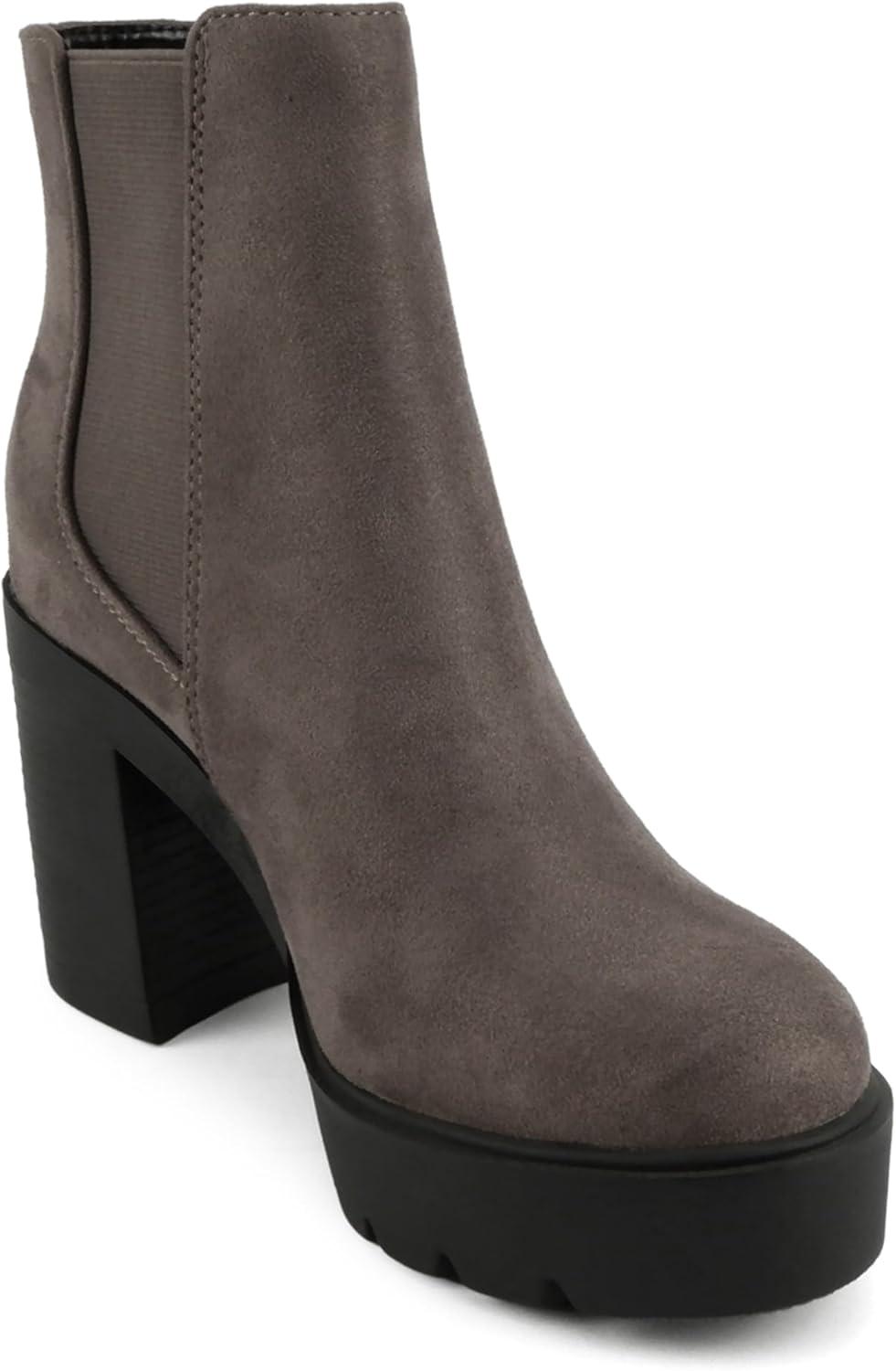 imageSoda EDITOR  Women Lug Sole High Heel Chelsea Fashion Ankle Boot wDouble Elastic GoreCharcoal Imit Suede