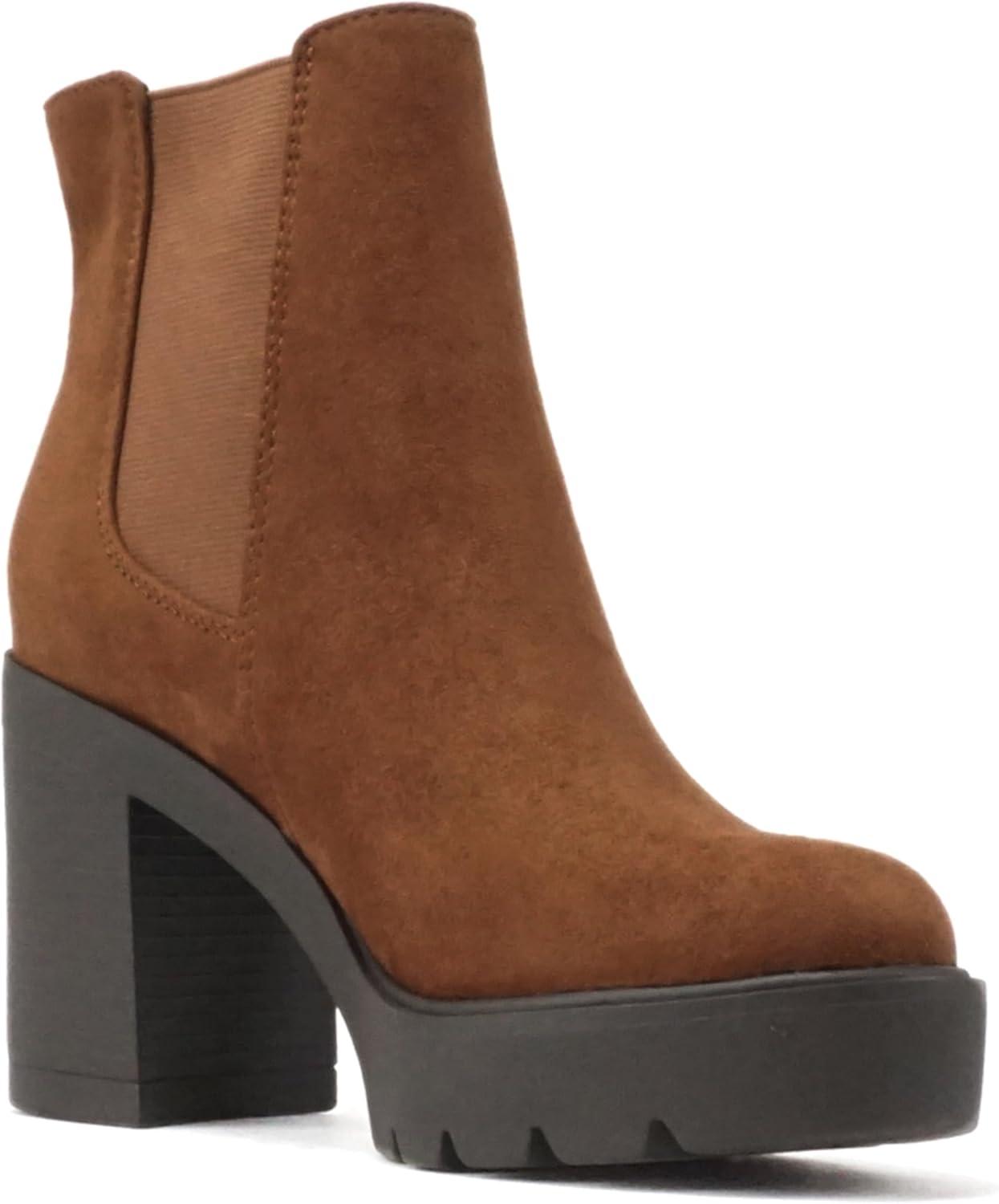 imageSoda EDITOR  Women Lug Sole High Heel Chelsea Fashion Ankle Boot wDouble Elastic GoreChestnut Imit Suede