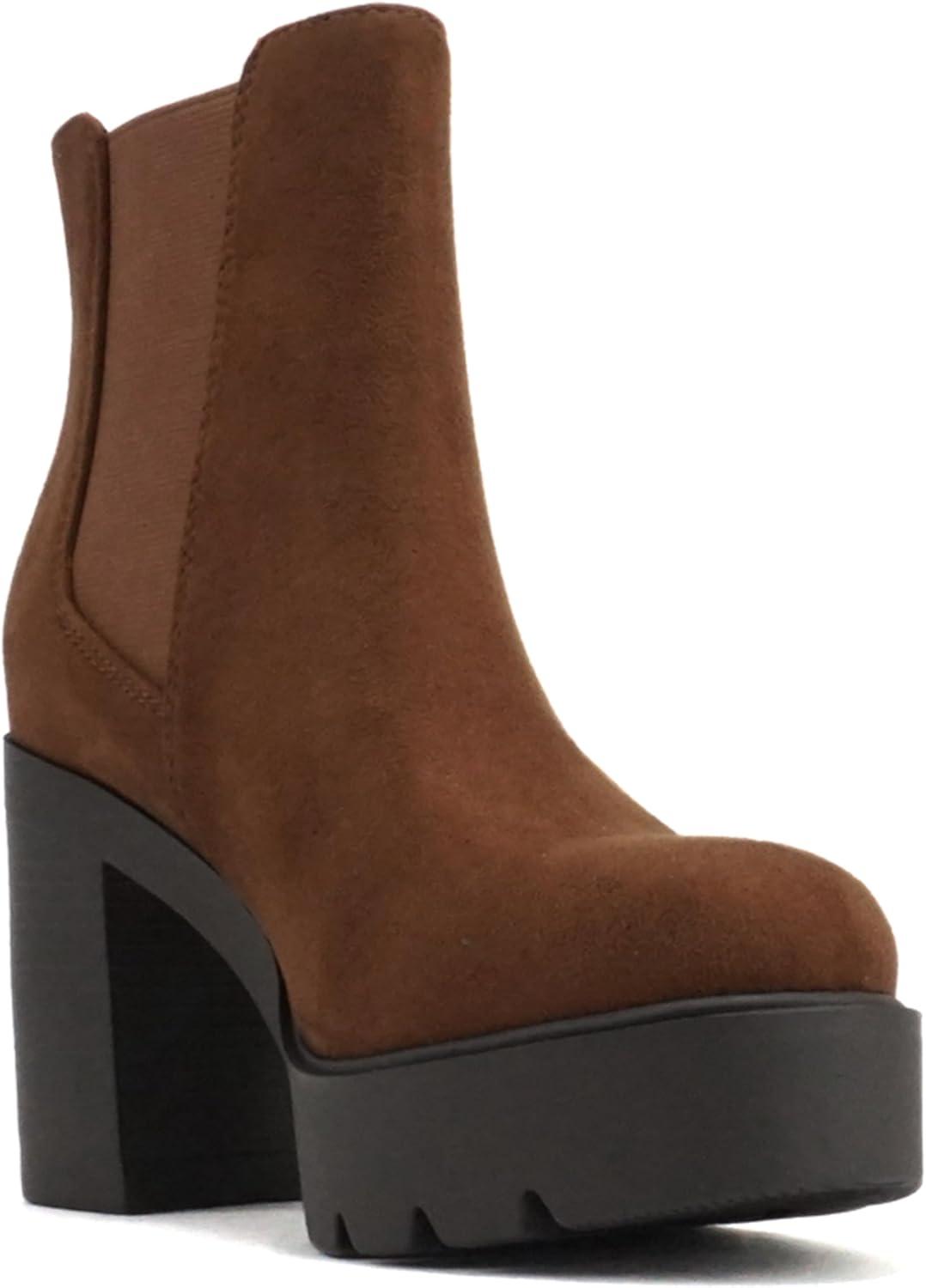 imageSoda EDITOR  Women Lug Sole High Heel Chelsea Fashion Ankle Boot wDouble Elastic GoreCognac Imit Suede