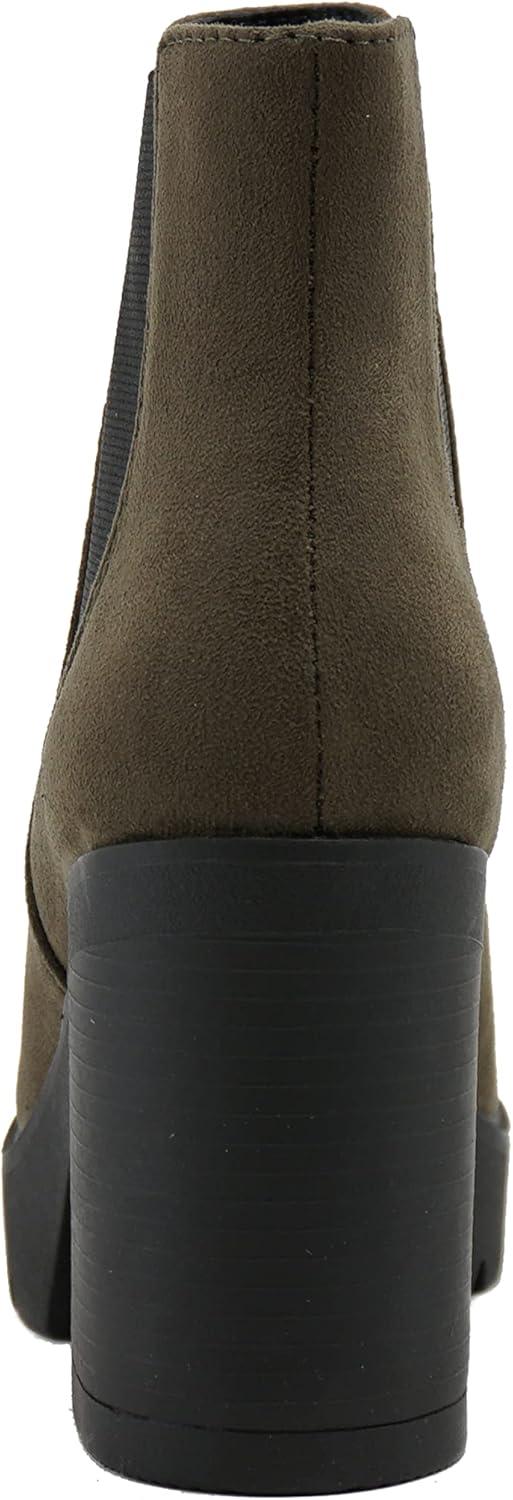 imageSoda EDITOR  Women Lug Sole High Heel Chelsea Fashion Ankle Boot wDouble Elastic GoreForest Imit Suede