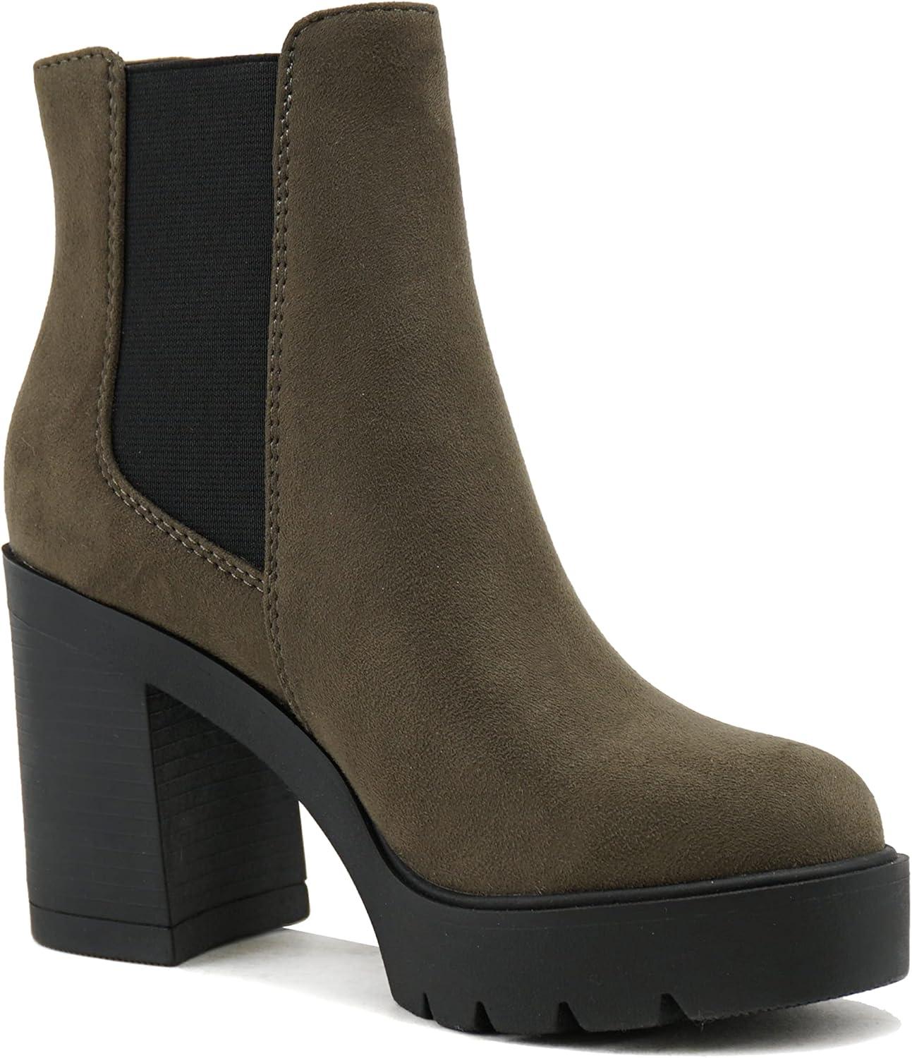 imageSoda EDITOR  Women Lug Sole High Heel Chelsea Fashion Ankle Boot wDouble Elastic GoreForest Imit Suede