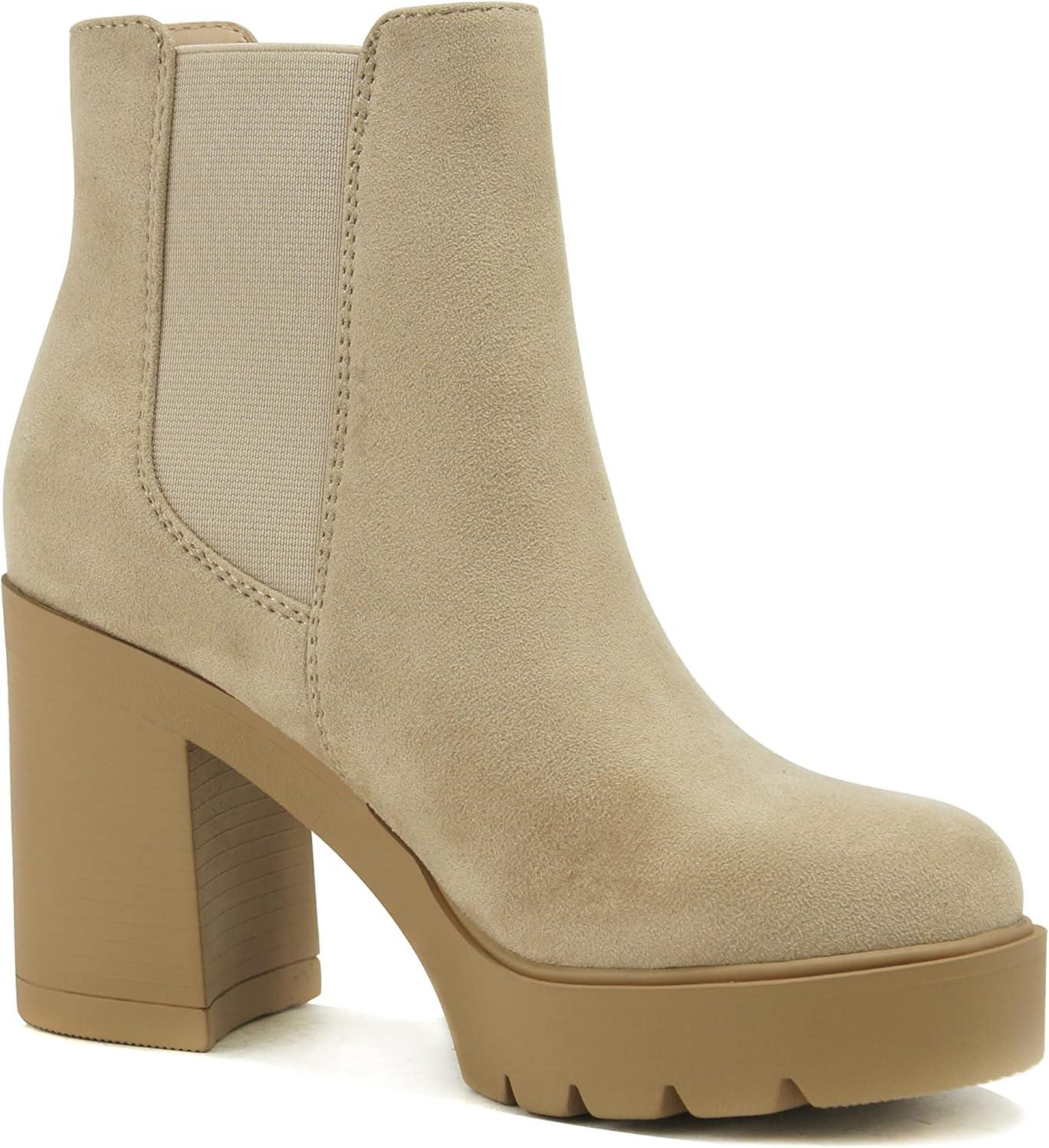 imageSoda EDITOR  Women Lug Sole High Heel Chelsea Fashion Ankle Boot wDouble Elastic GoreLwheat Imit Suede