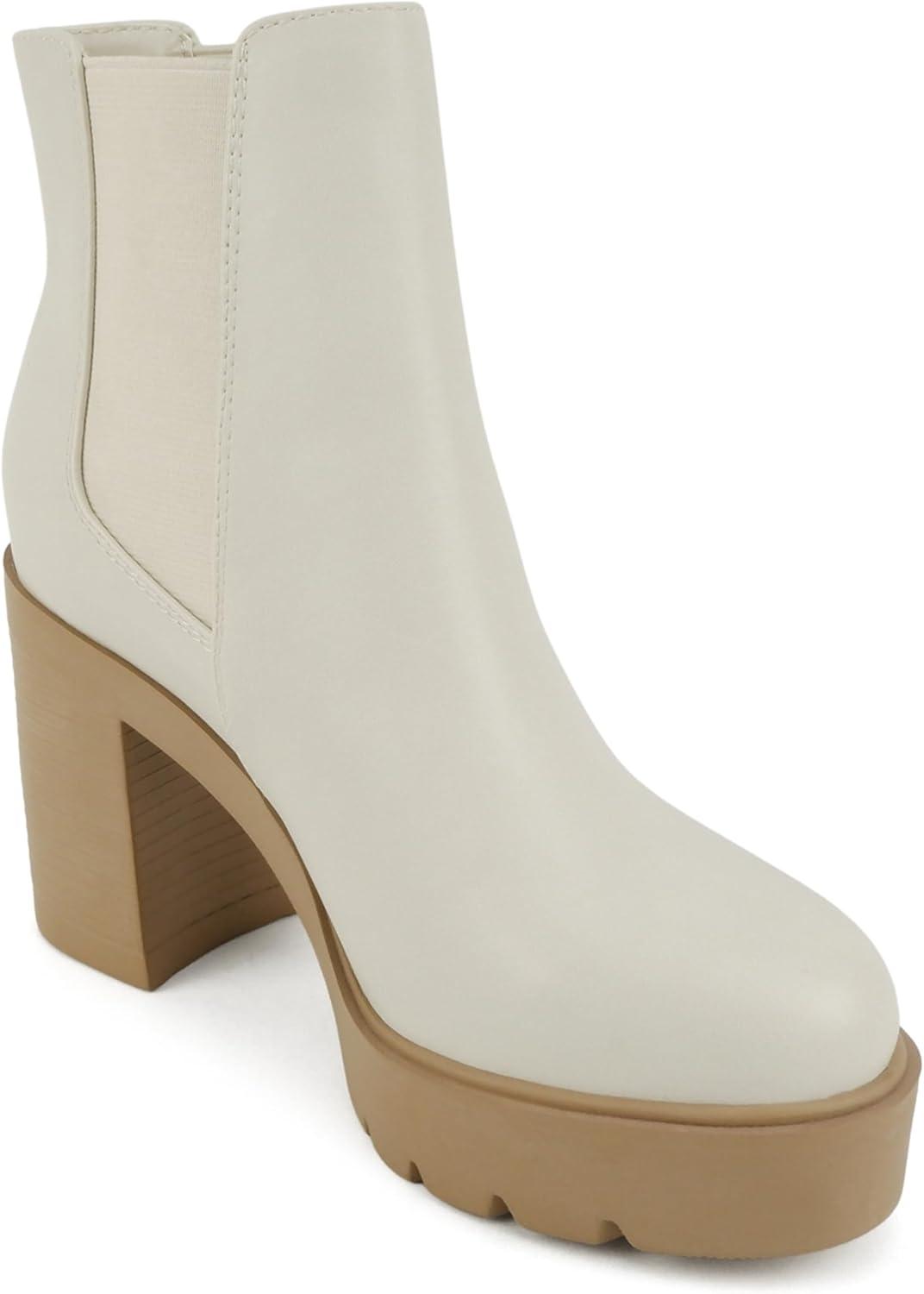 imageSoda EDITOR  Women Lug Sole High Heel Chelsea Fashion Ankle Boot wDouble Elastic GoreOff WhiteNude