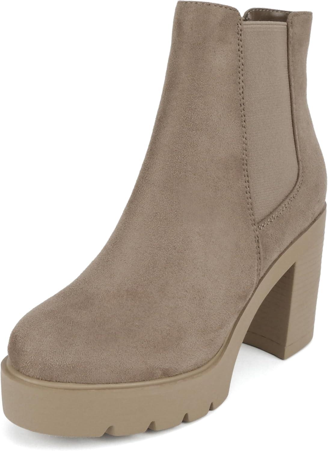 imageSoda EDITOR  Women Lug Sole High Heel Chelsea Fashion Ankle Boot wDouble Elastic GoreTaupe Imit Suede