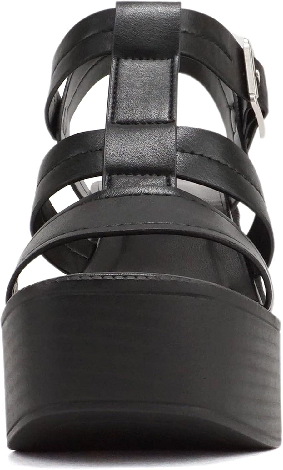 imageSoda EVOLVE  Women Open Square Toe Ankle Buckle Stitch Detail Platform High Heel SandalBlack Pu