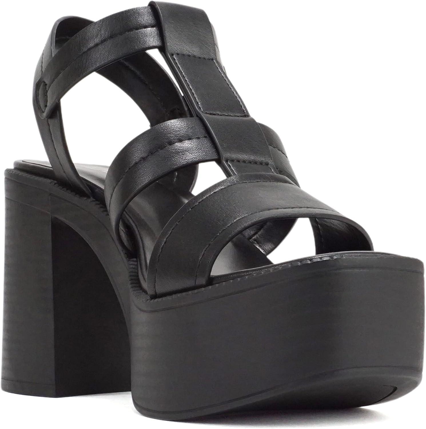 imageSoda EVOLVE  Women Open Square Toe Ankle Buckle Stitch Detail Platform High Heel SandalBlack Pu