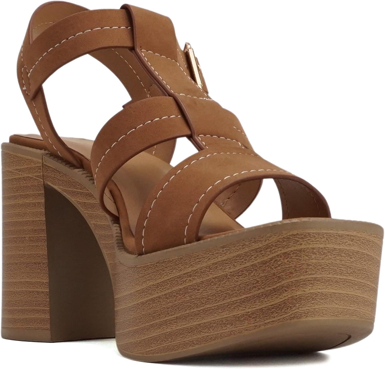 imageSoda EVOLVE  Women Open Square Toe Ankle Buckle Stitch Detail Platform High Heel SandalLight Cognac Nubuck