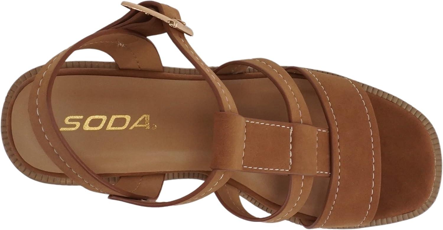 imageSoda EVOLVE  Women Open Square Toe Ankle Buckle Stitch Detail Platform High Heel SandalLight Cognac Nubuck