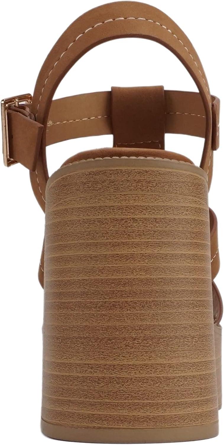 imageSoda EVOLVE  Women Open Square Toe Ankle Buckle Stitch Detail Platform High Heel SandalLight Cognac Nubuck
