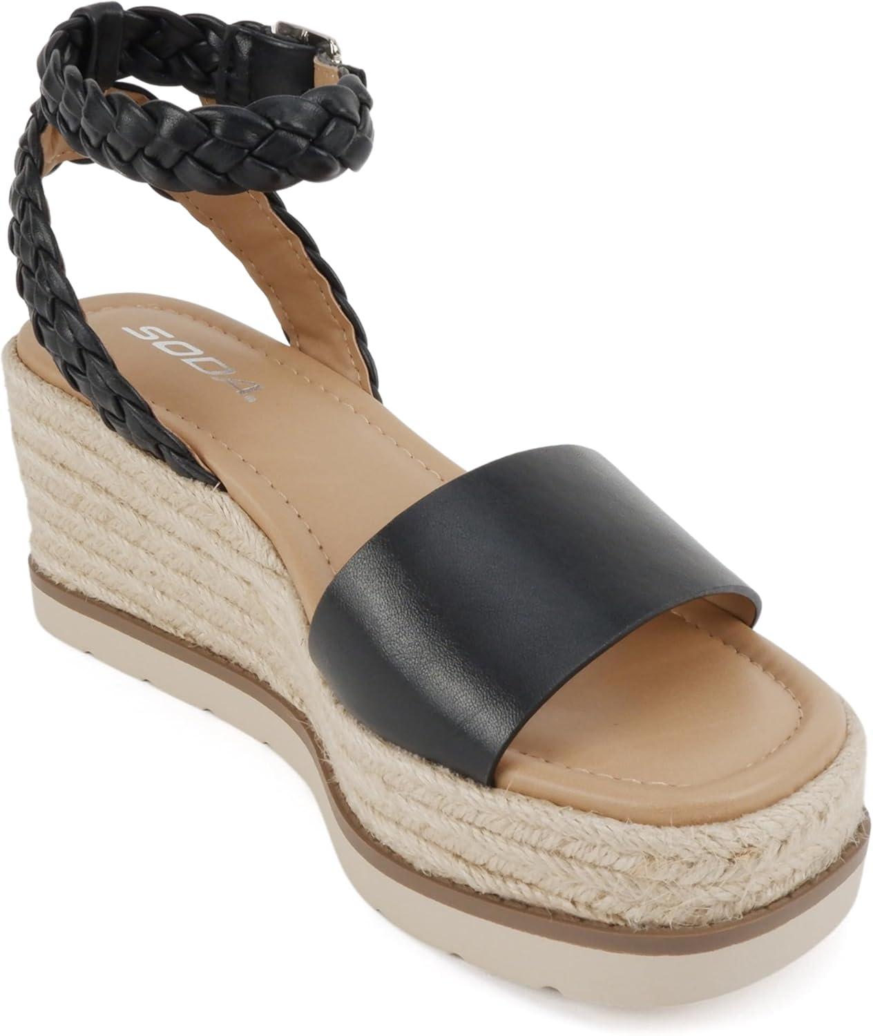 imageSoda Emaline  Women Square Toe Single Band Espadrille Wedge Sandal with Braided Ankle StrapBlack Pu