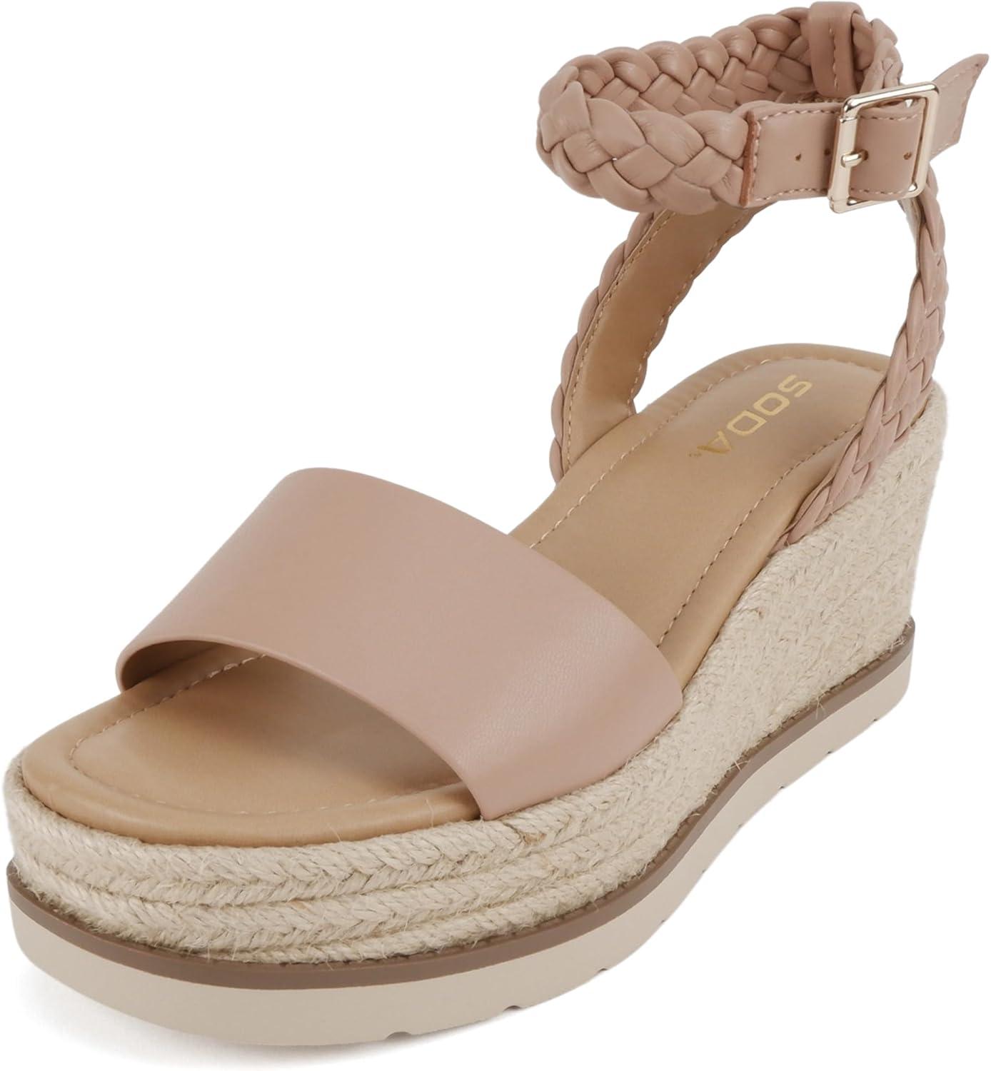 imageSoda Emaline  Women Square Toe Single Band Espadrille Wedge Sandal with Braided Ankle StrapDark Mauve Pu