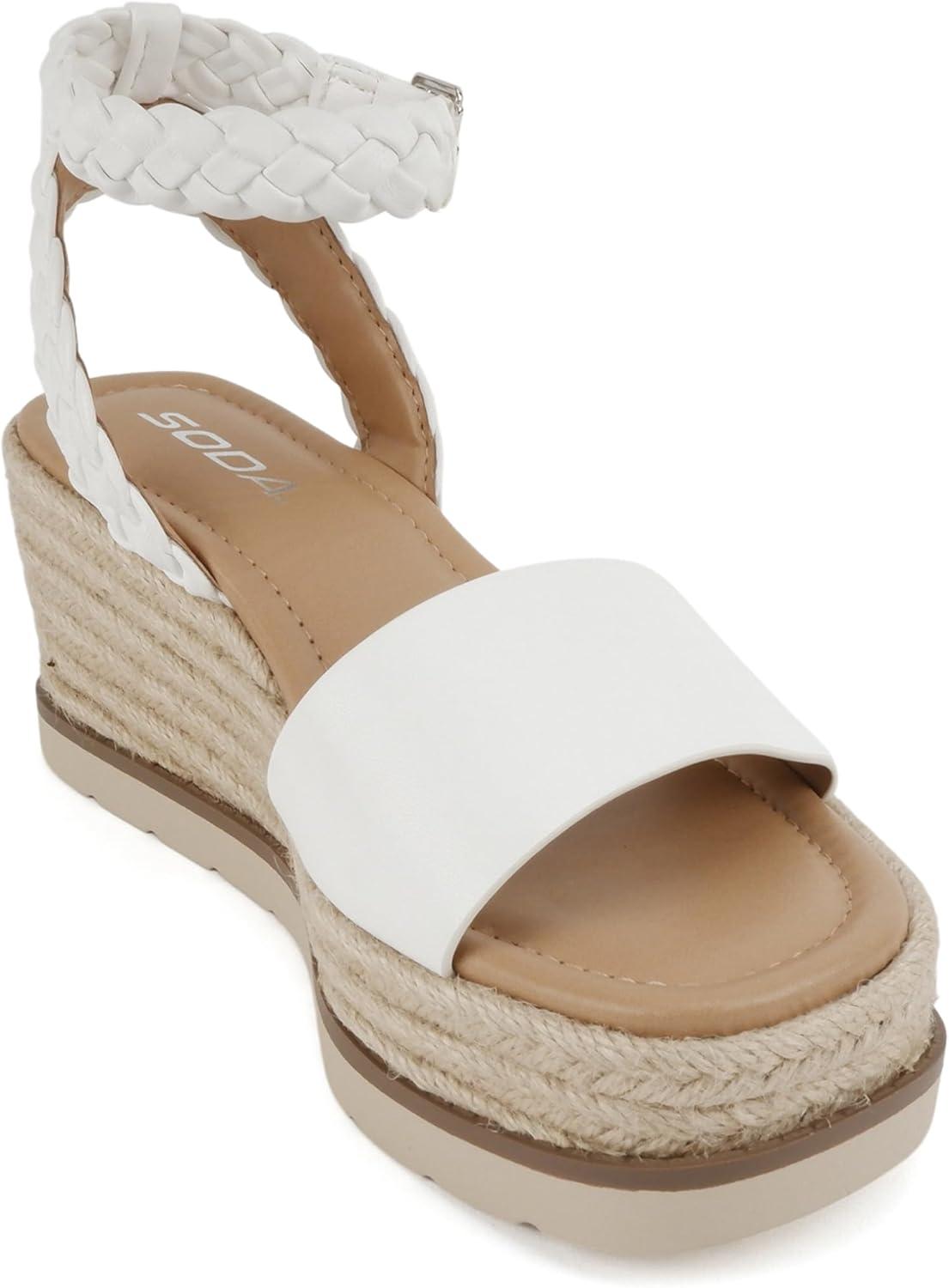 imageSoda Emaline  Women Square Toe Single Band Espadrille Wedge Sandal with Braided Ankle StrapWhite Pu