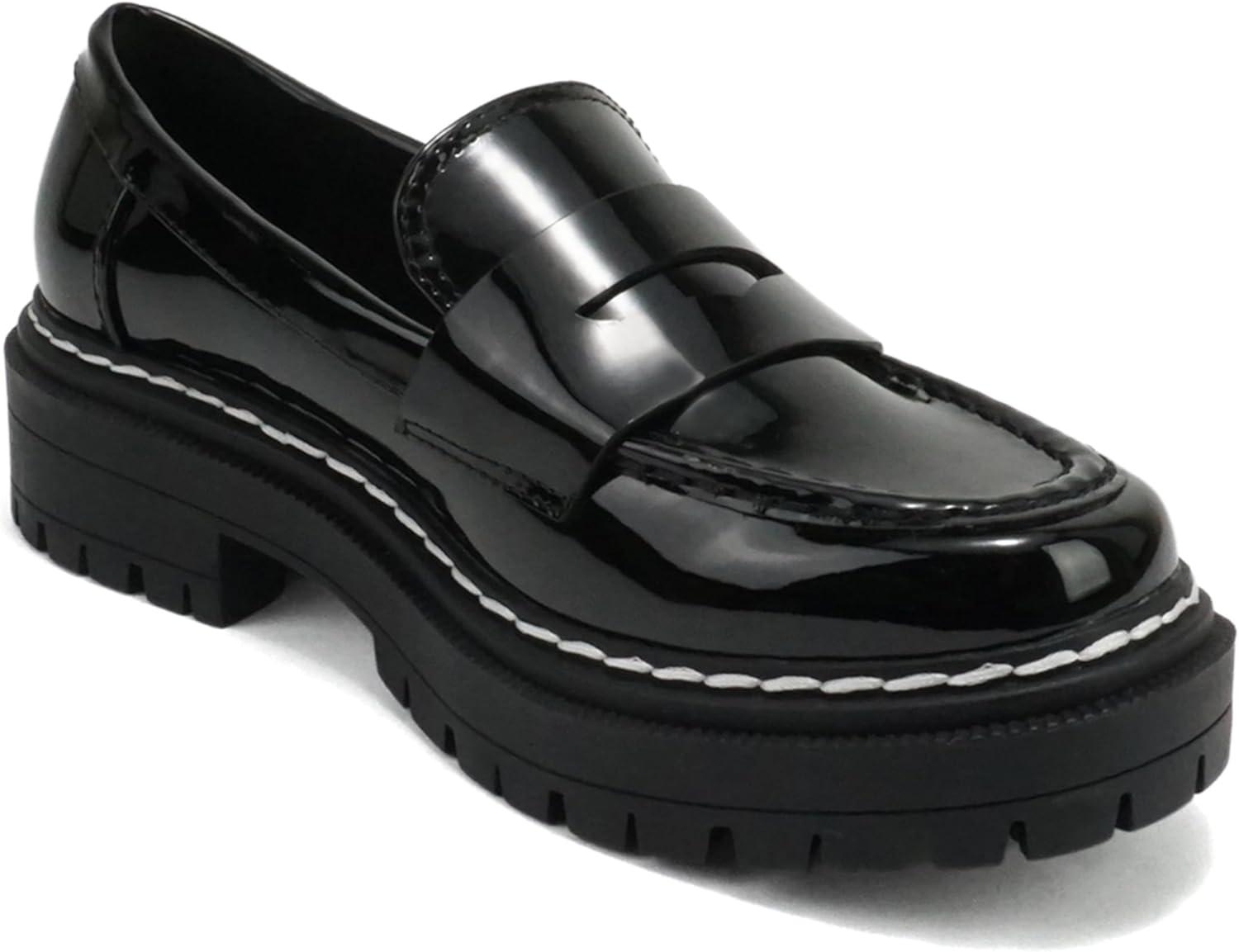 imageSoda Eureka  Women Slip On Platform Penny Loafer Lug Sole with Stitched DetailBlack Patent
