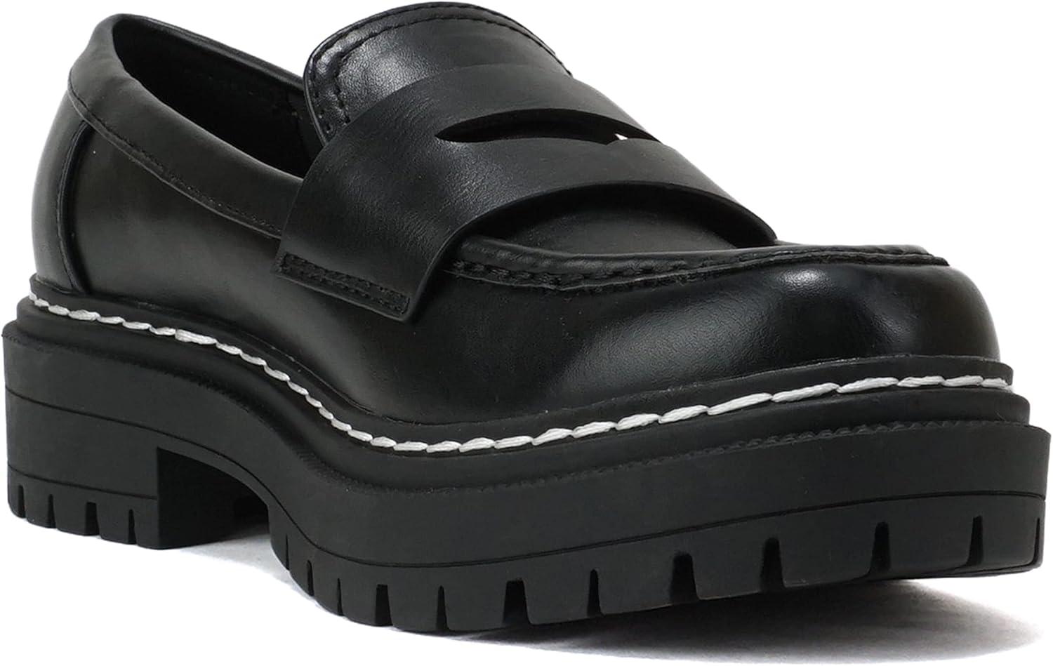 imageSoda Eureka  Women Slip On Platform Penny Loafer Lug Sole with Stitched DetailBlack Pu