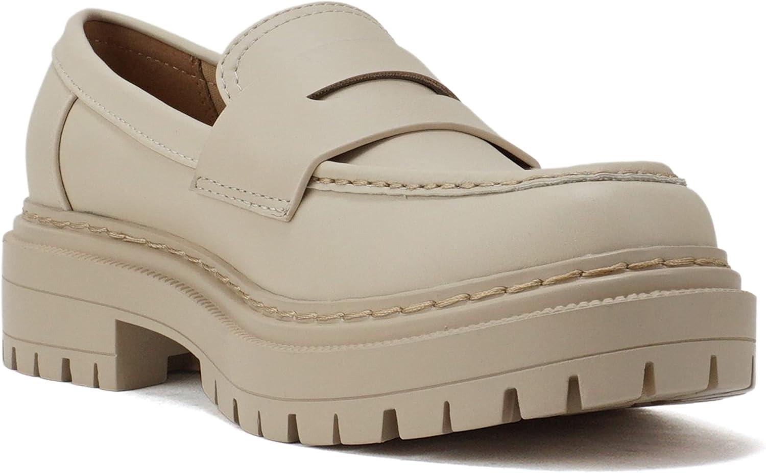 imageSoda Eureka  Women Slip On Platform Penny Loafer Lug Sole with Stitched DetailBone Pu