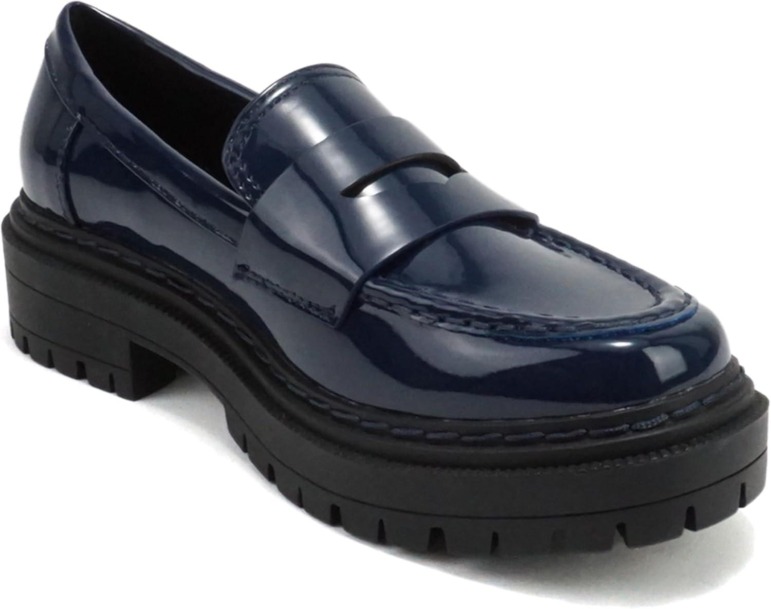 imageSoda Eureka  Women Slip On Platform Penny Loafer Lug Sole with Stitched DetailNavy Patent